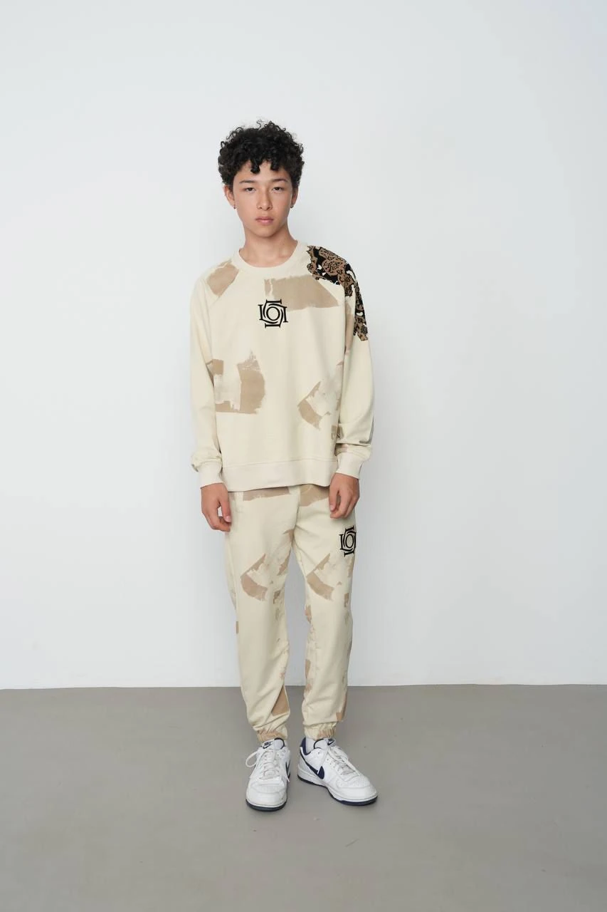 LOCOLOCO 2 İPLİK KOL BASKILI DESENLİ İKİLİ TAKIM (9-15 YAŞ ARASI) - BEJ