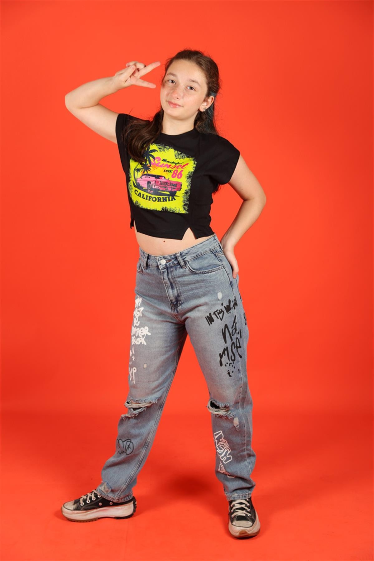 09-14 Yaş Kız Çocuk Siyah Sunset T-shirt