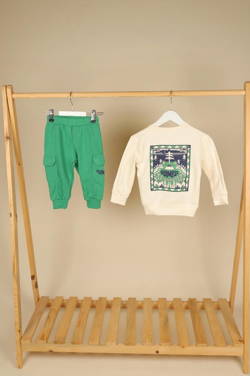 09-36 Ay Erkek Bebek Ekru-Yeşil Renk Olympic Sweat Pantolon Takım