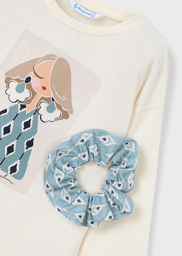 Mayoral Kız Çocuk 2’li Set (4-10 Yaş) – Krem Renk Baskılı Pamuk Bluz ve Çiçek Desenli Tokalı Set