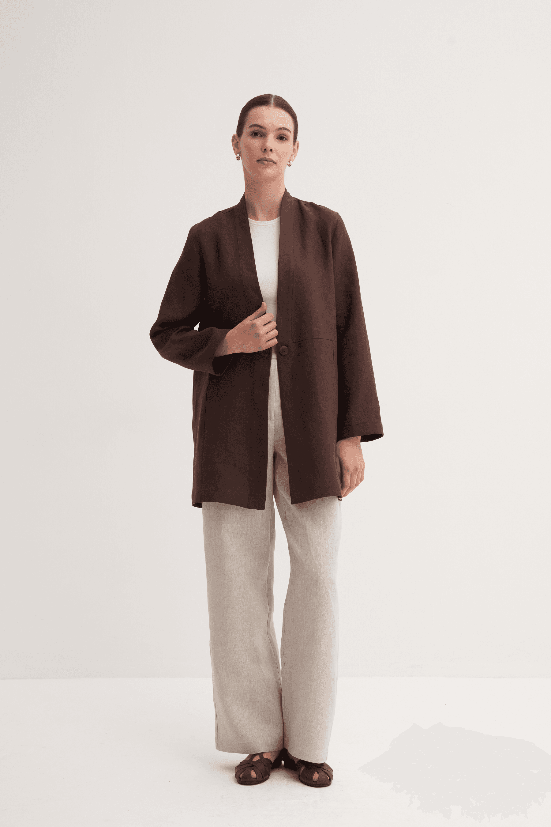 %100 Keten Düğme Kapamalı Kimono - Kahve