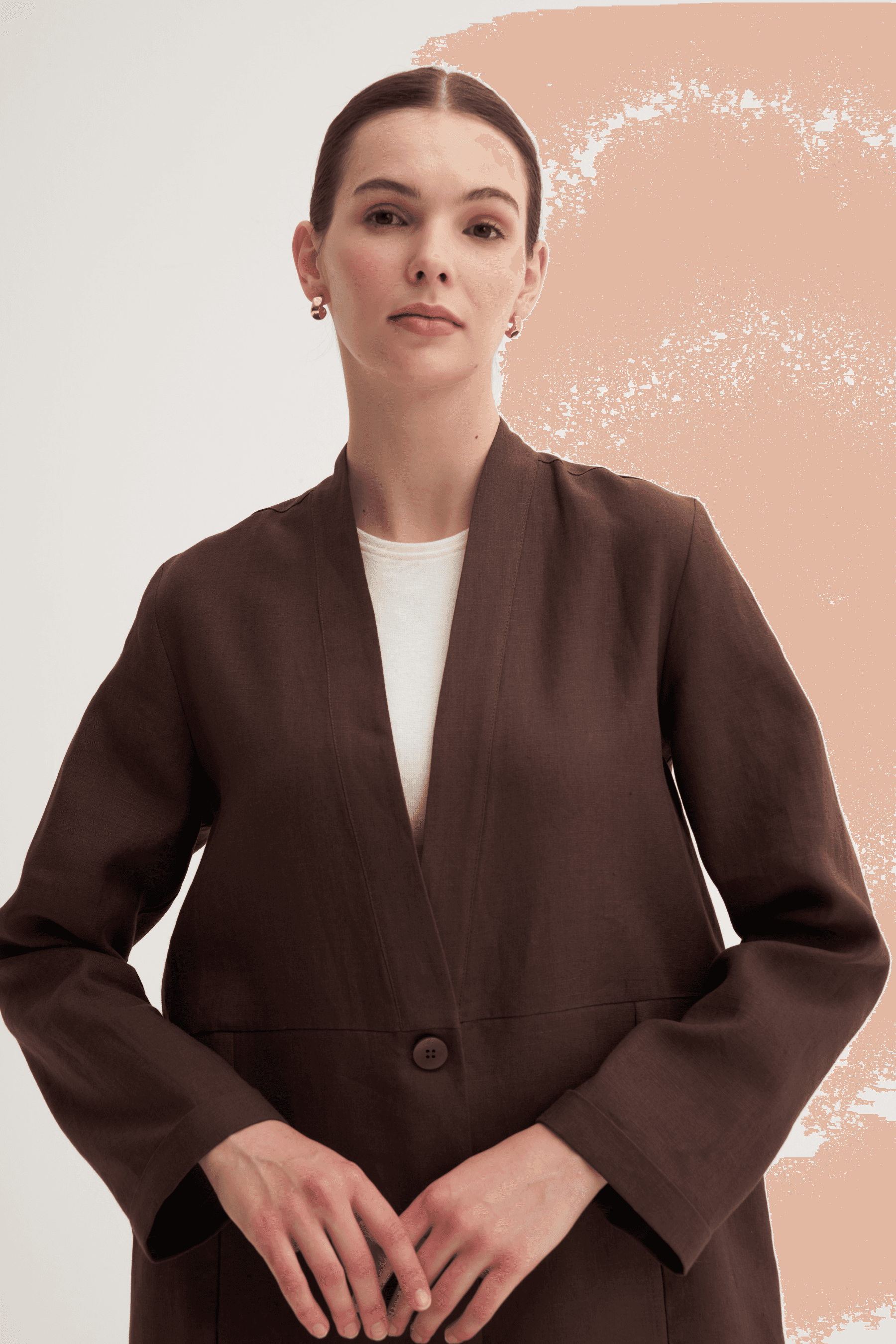 %100 Keten Düğme Kapamalı Kimono - Kahve