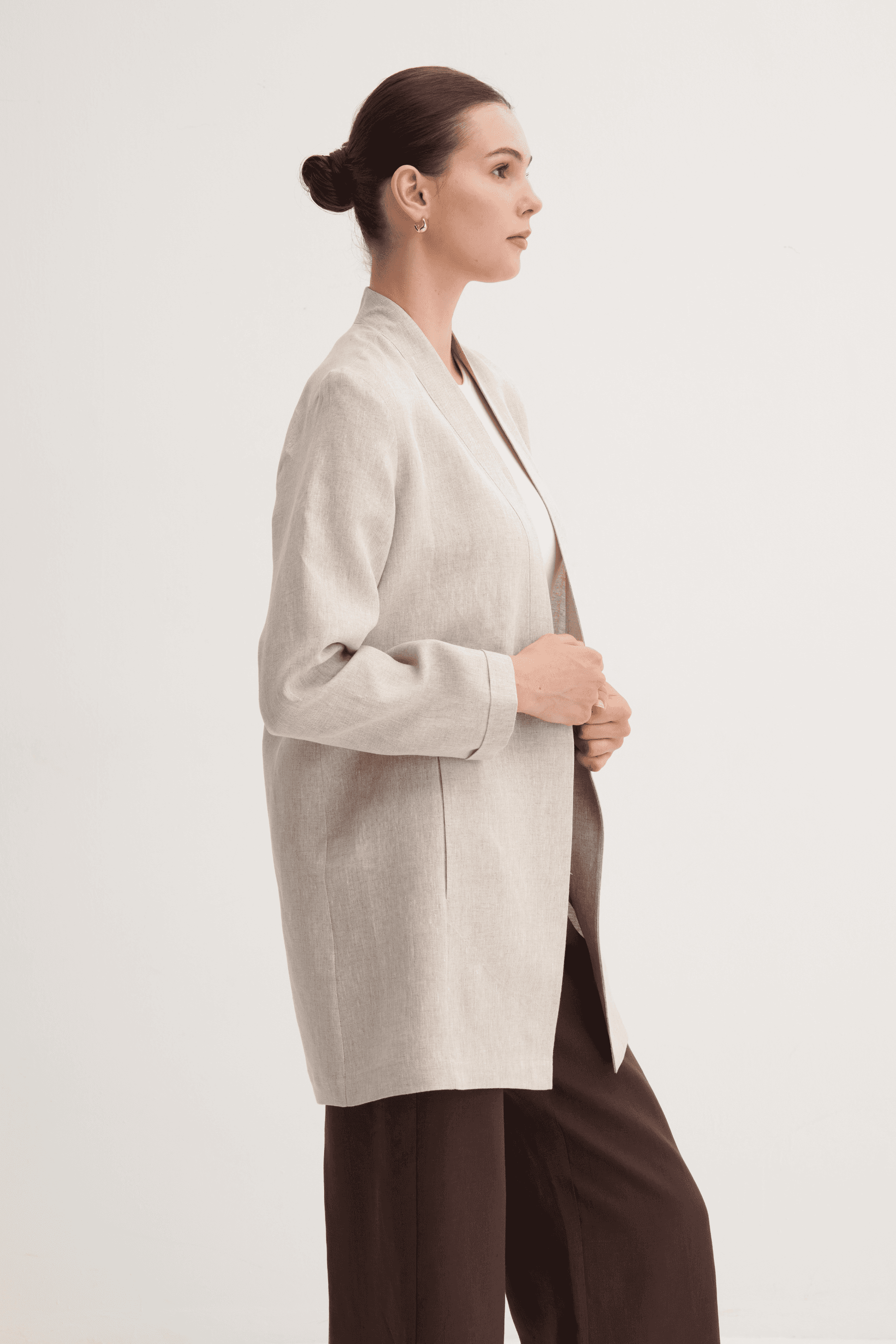 %100 Keten Düğme Kapamalı Kimono - Natürel
