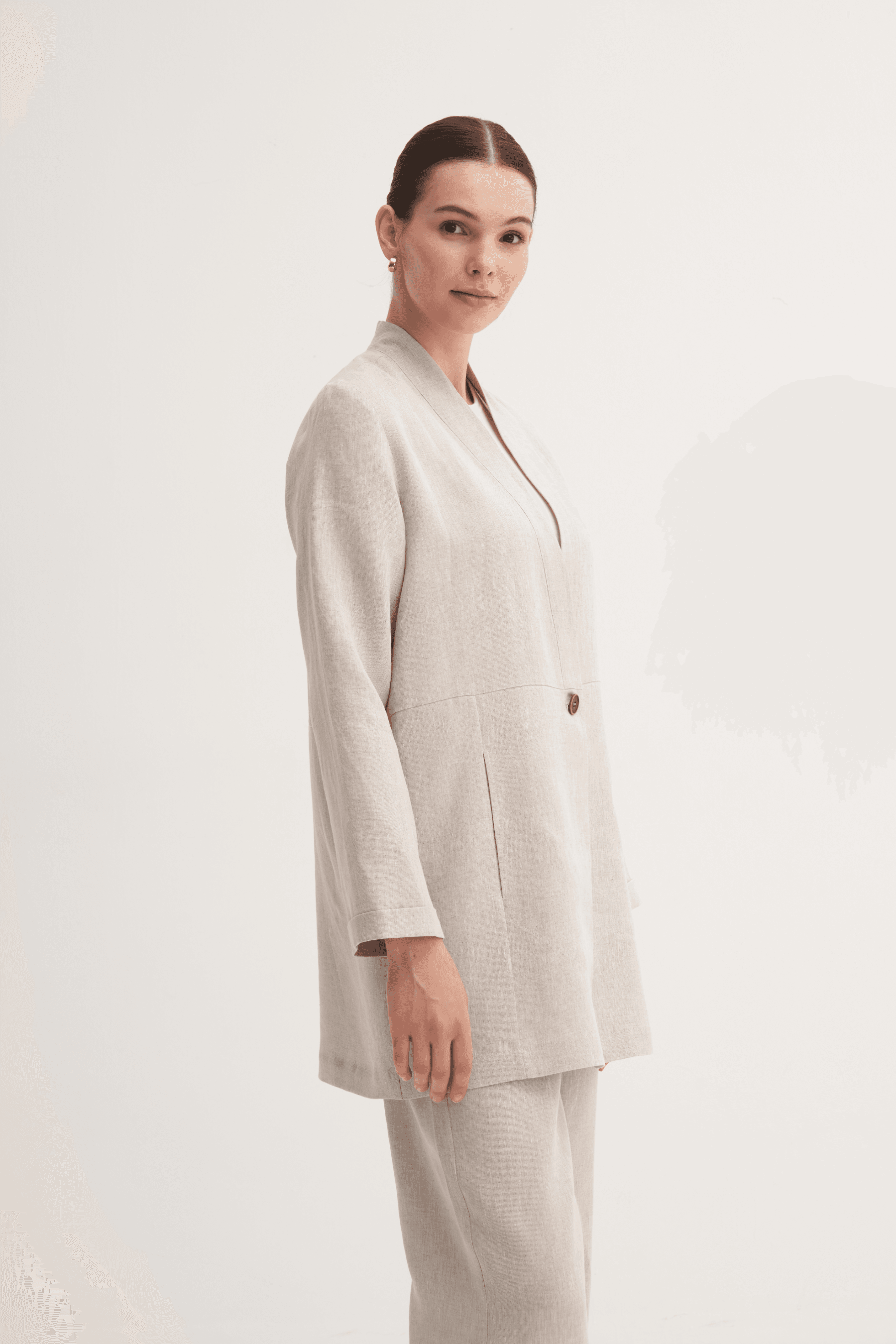 %100 Keten Düğme Kapamalı Kimono - Natürel