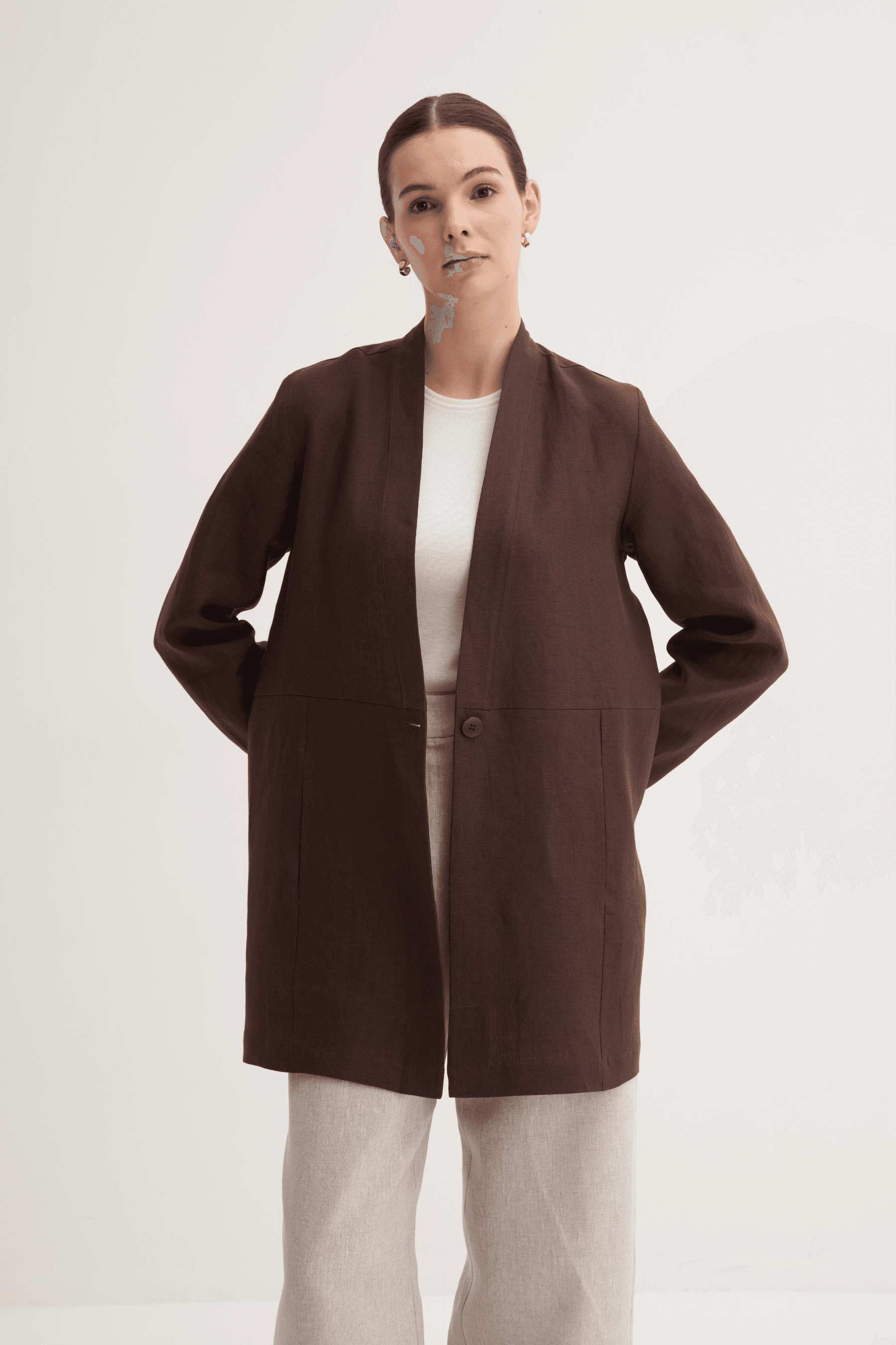 %100 Keten Düğme Kapamalı Kimono - Kahve