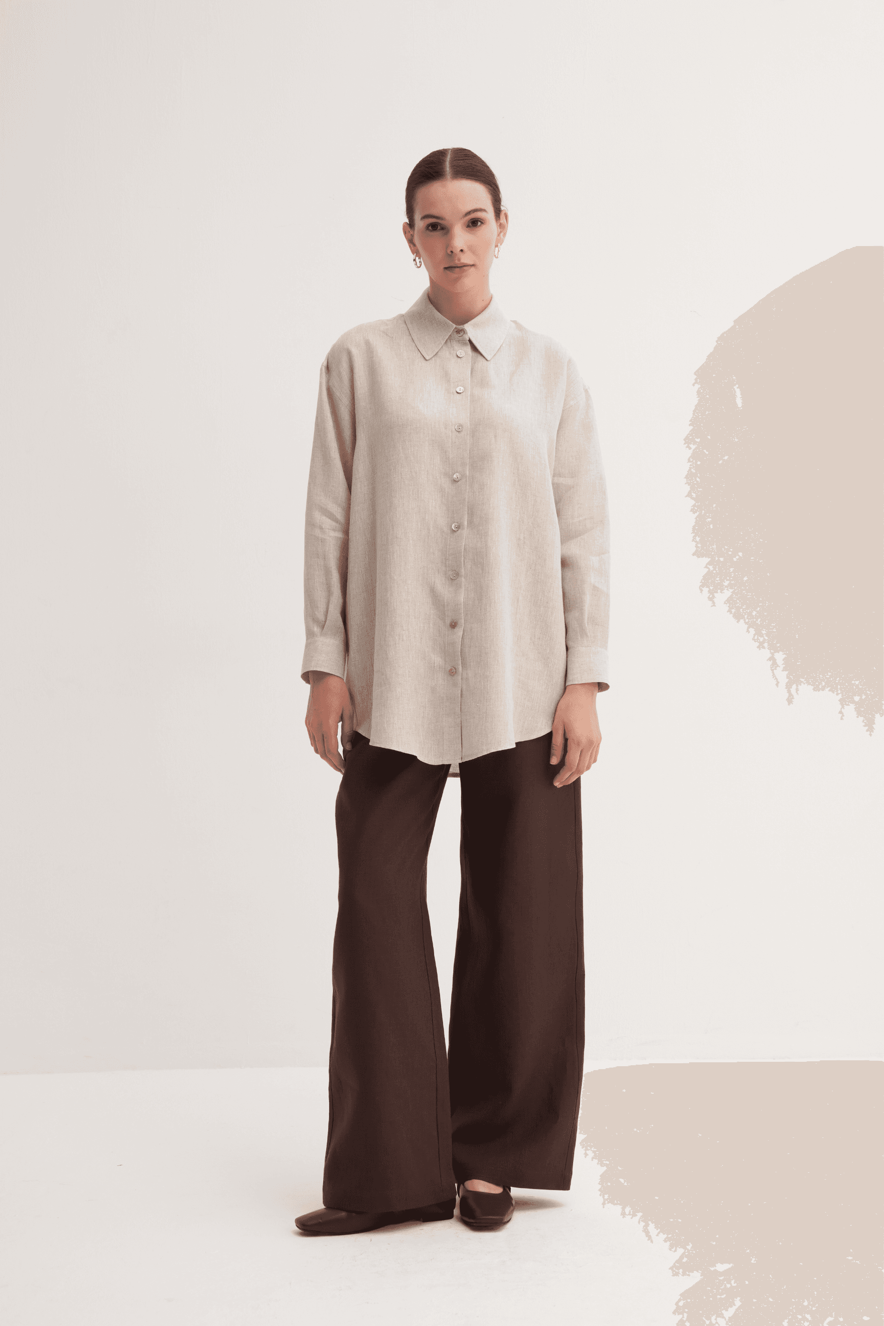%100 Keten Lastikli Pantolon - Kahve
