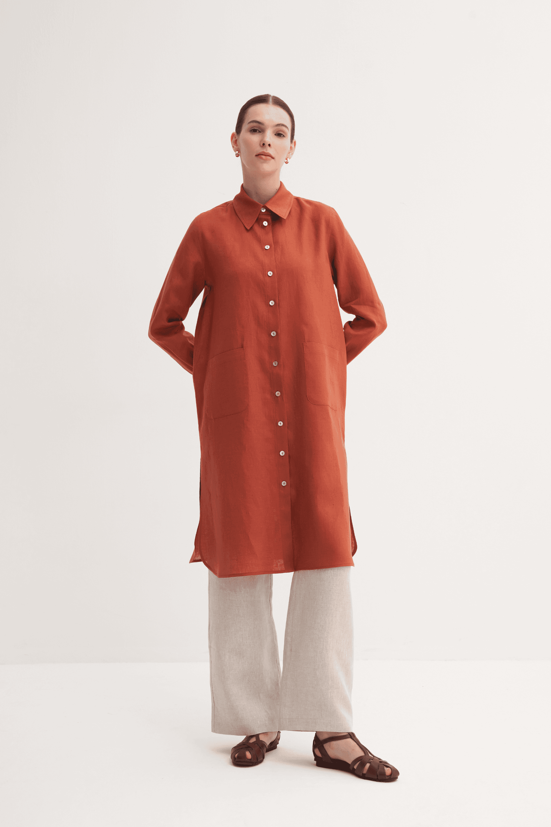 %100 Keten Cep Detaylı Tunik & Rahat Pantolon Takım
