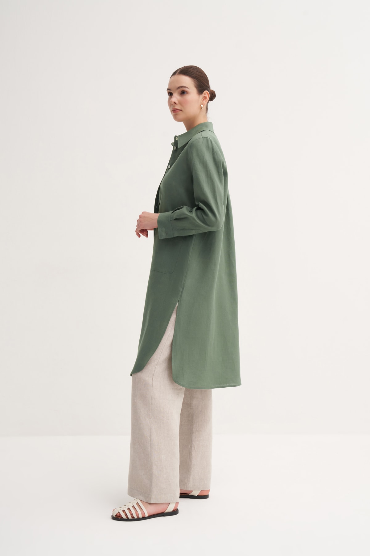 %100 Keten Cep Detaylı Tunik & Rahat Pantolon Takım