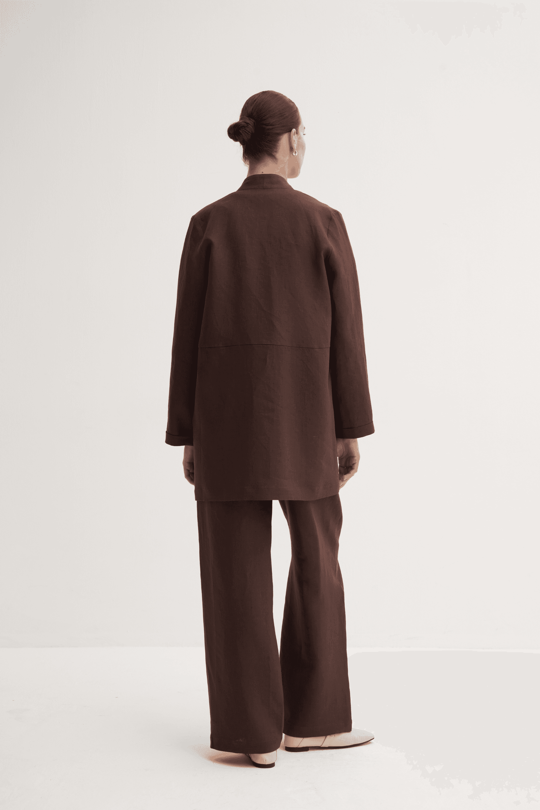 %100 Keten Düğme Kapamalı Kimono - Kahve