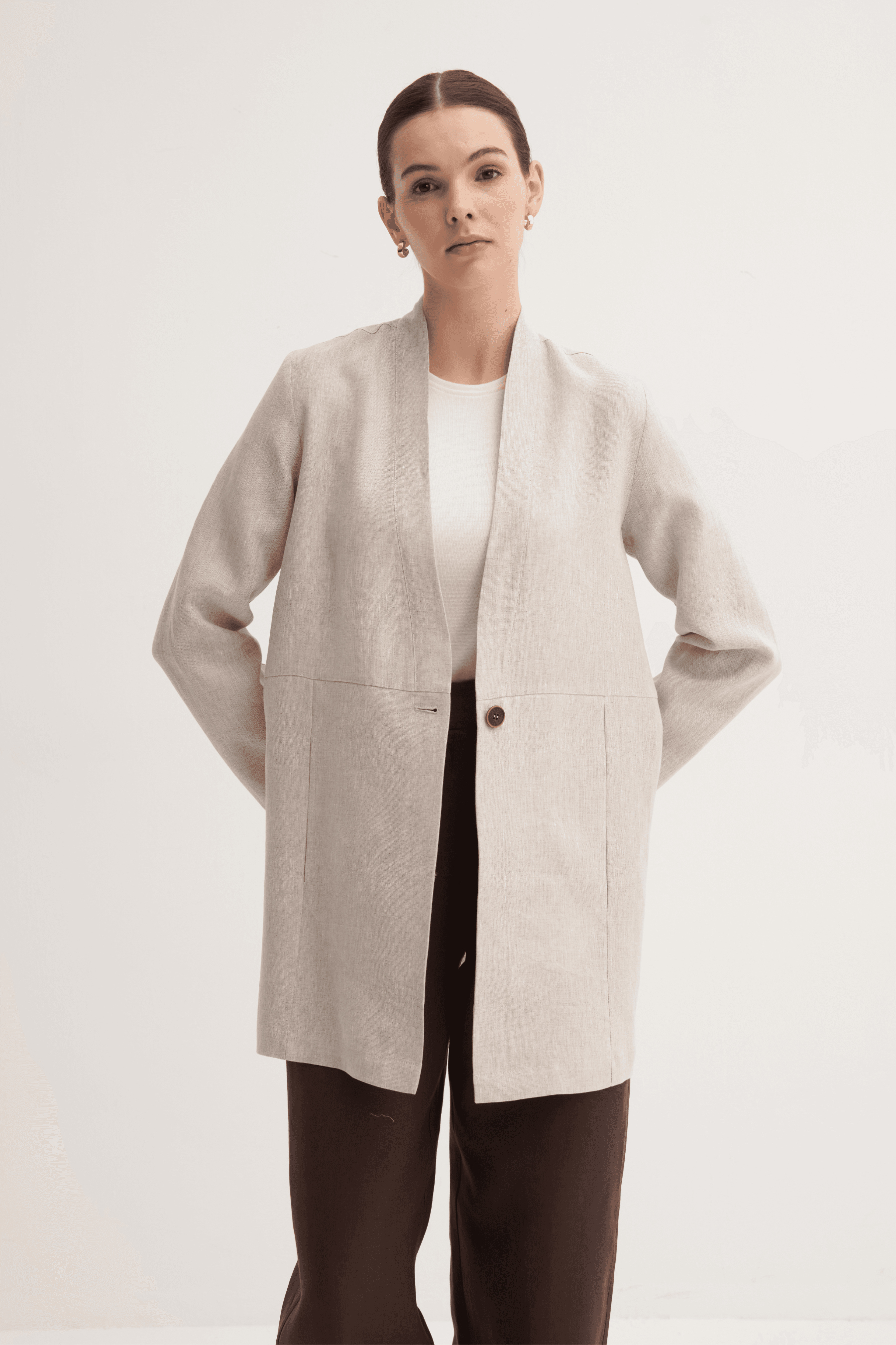 %100 Keten Düğme Kapamalı Kimono - Natürel