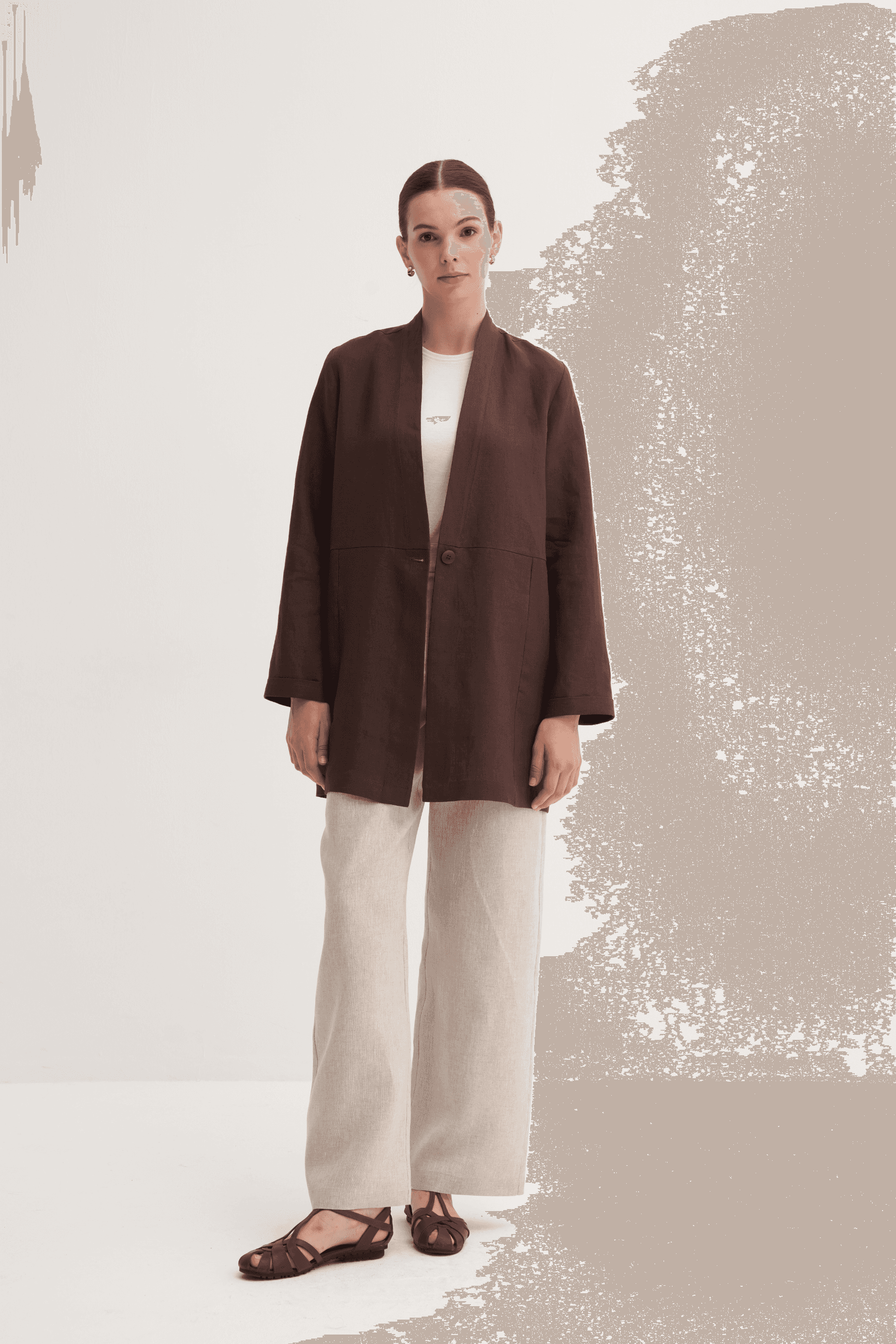 %100 Keten Düğme Kapamalı Kimono - Kahve