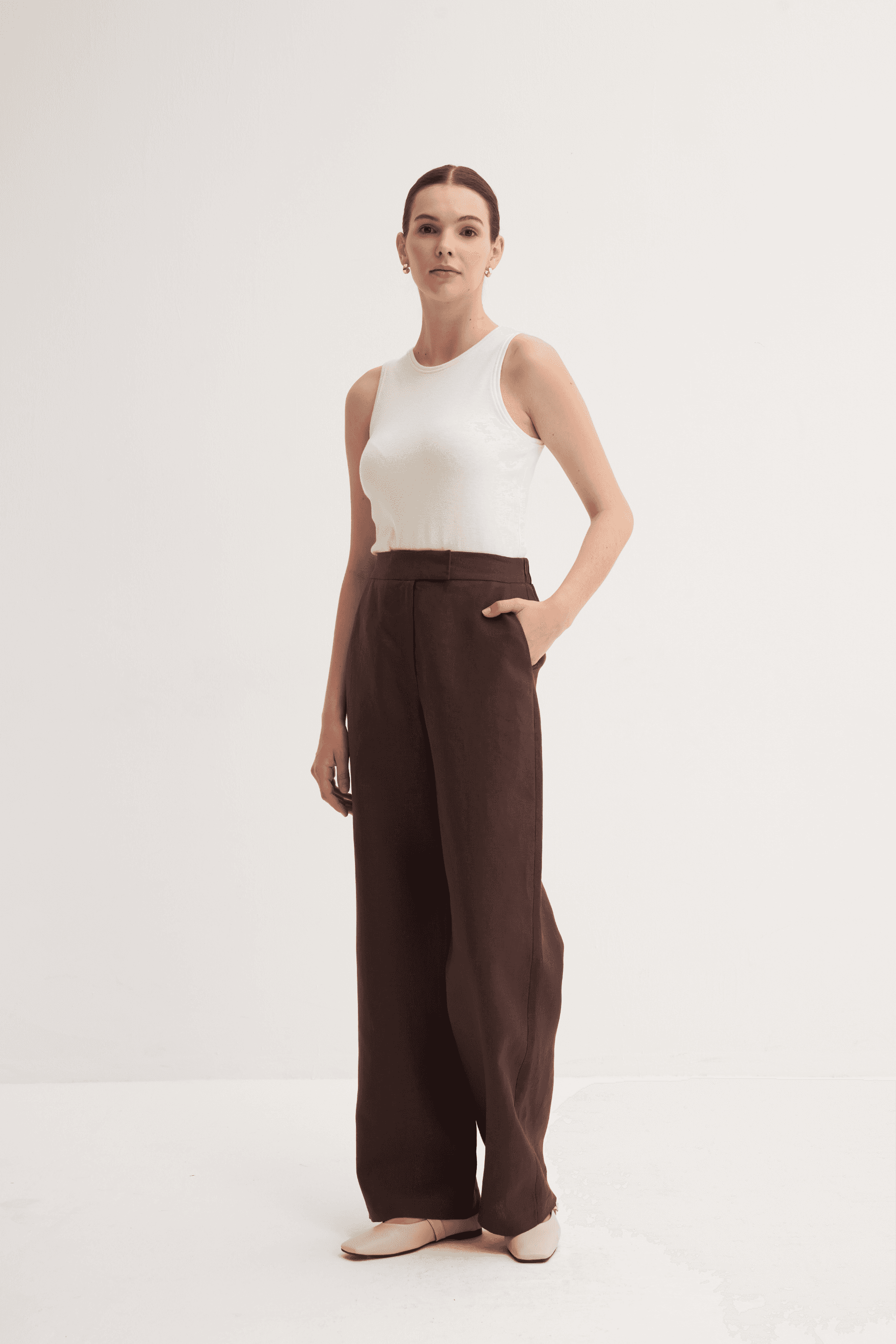 %100 Keten Rahat Pantolon - Kahve