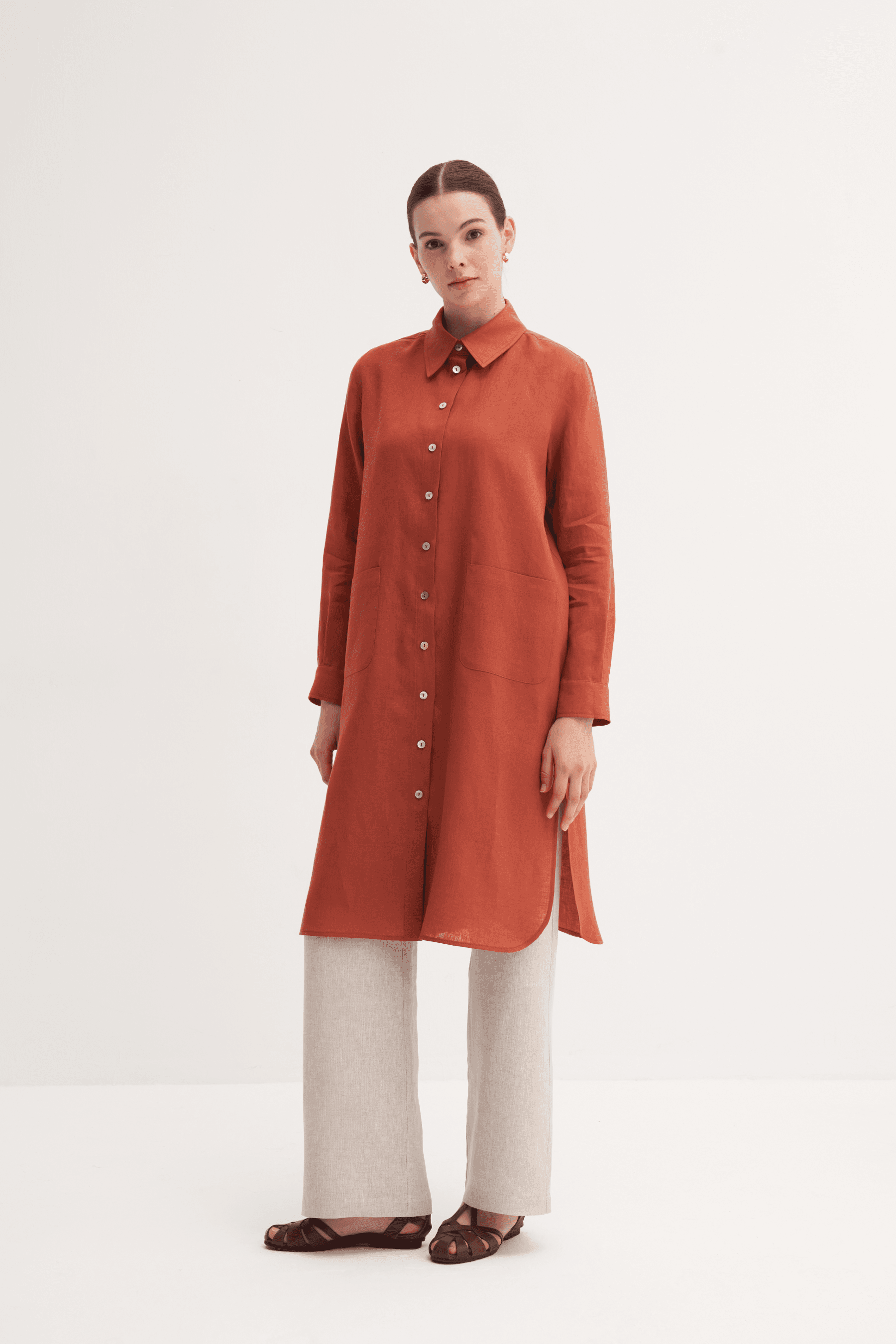 %100 Keten Cep Detaylı Tunik & Rahat Pantolon Takım