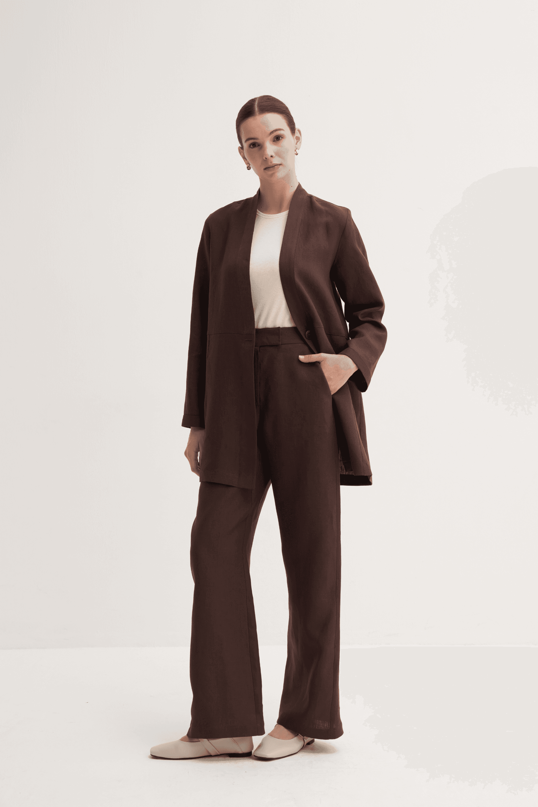 %100 Keten Düğme Kapamalı Kimono - Kahve
