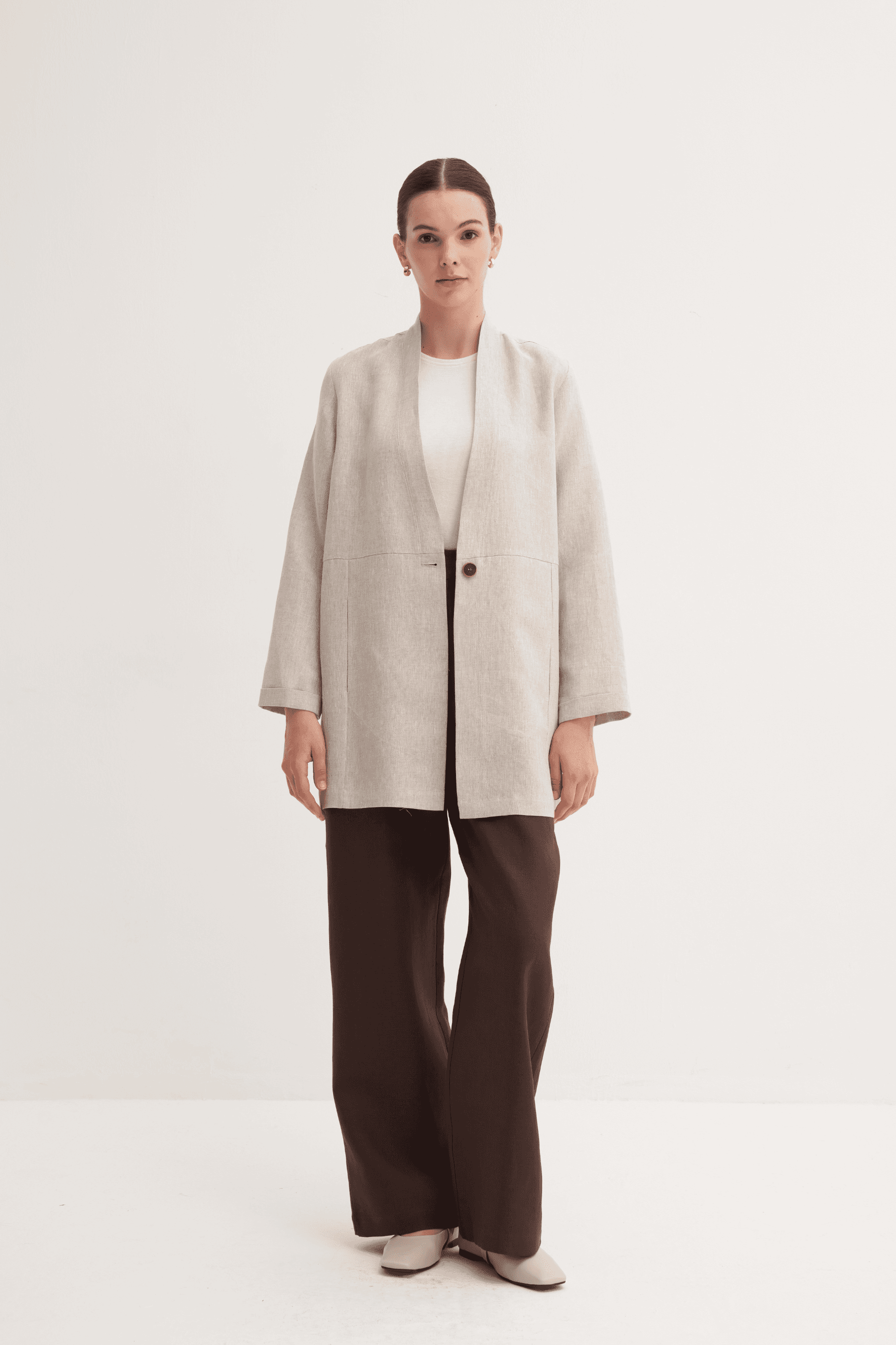 %100 Keten Düğme Kapamalı Kimono - Natürel