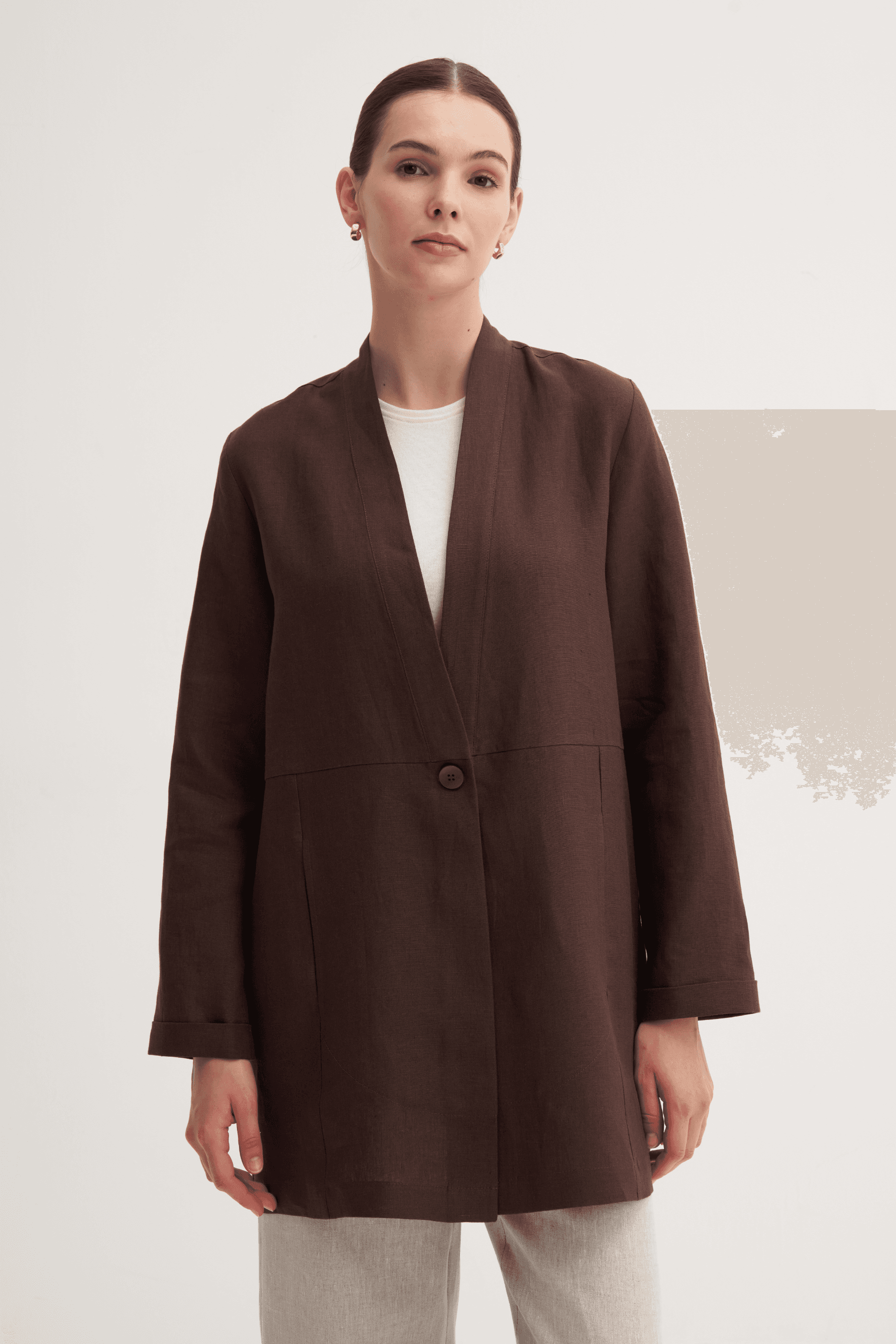 %100 Keten Düğme Kapamalı Kimono - Kahve