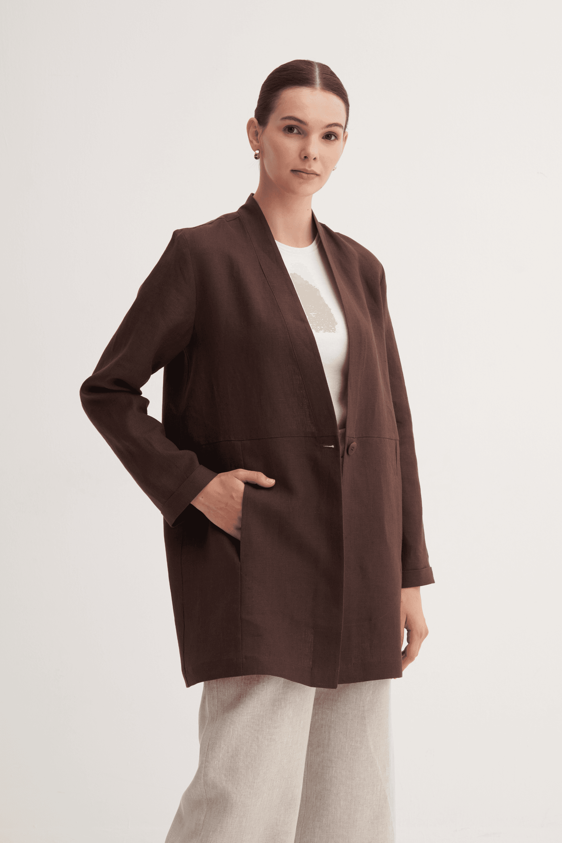 %100 Keten Düğme Kapamalı Kimono - Kahve