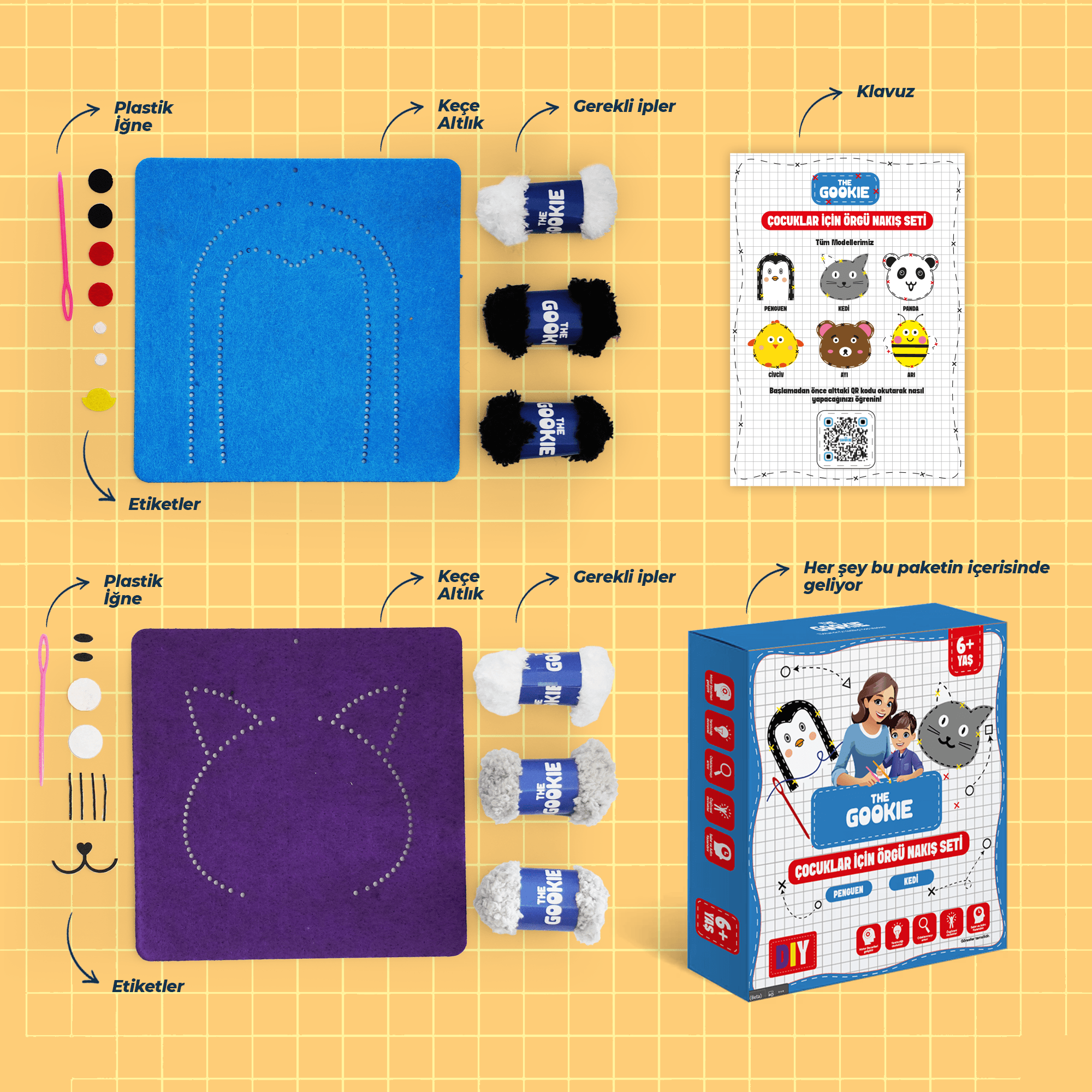 Çocuklar Için Kedi Penguen Keçe Örgü Seti