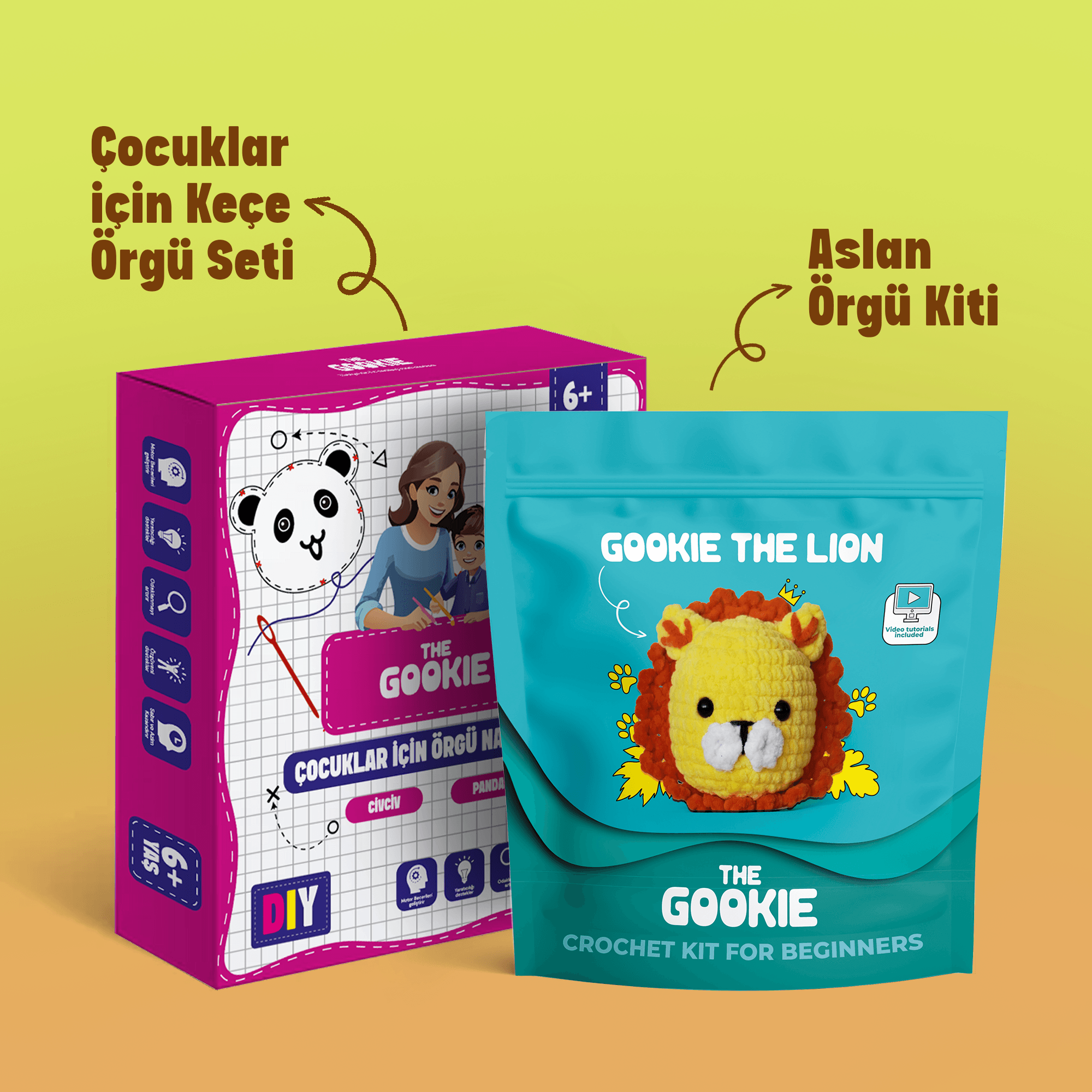 Çoçuklar İçin Keçe Panda Civciv Nakış Seti ve Amigurumi Aslan Örgü Kiti 