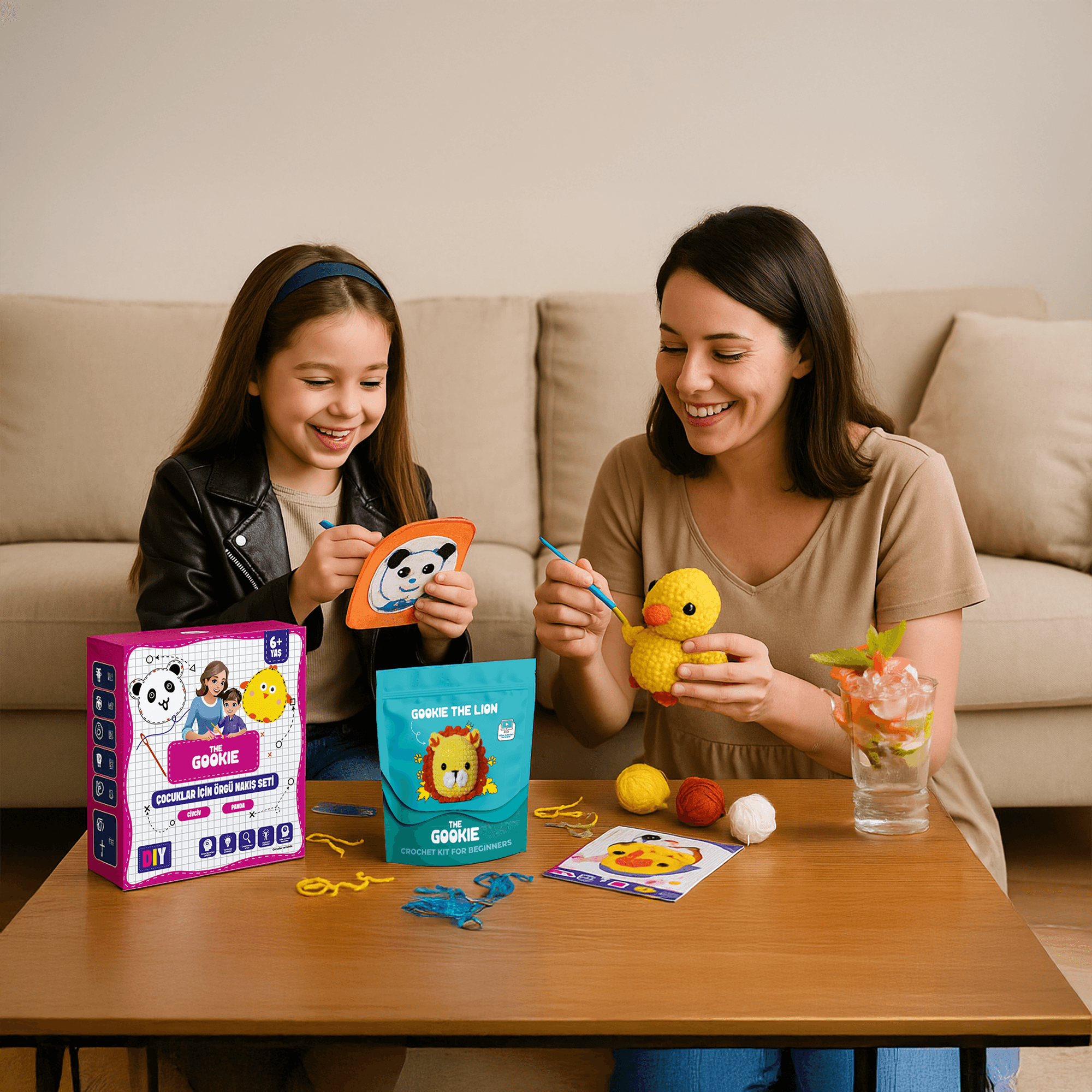 Çoçuklar İçin Keçe Panda Civciv Nakış Seti ve Amigurumi Aslan Örgü Kiti 