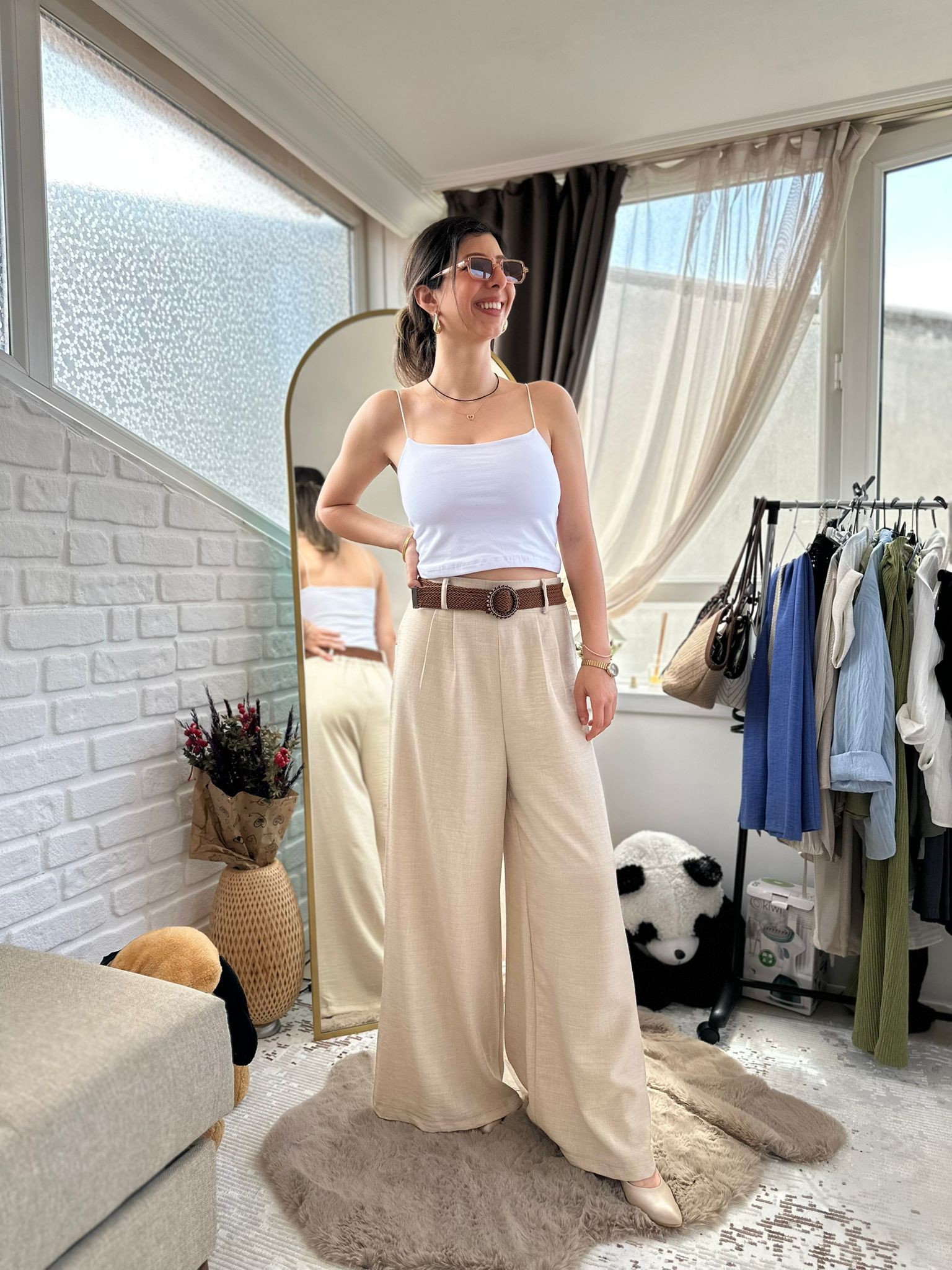 Yüksek Bel Geniş Paça Keten Pantolon
