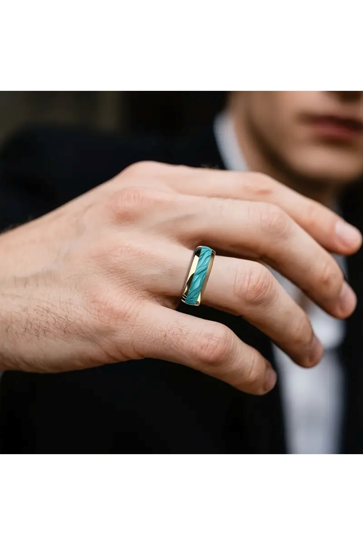 Unisex Erkek Modern Nişan Yüzüğü - Turkuaz Mavi & Altın Aksanlı Yüzük
