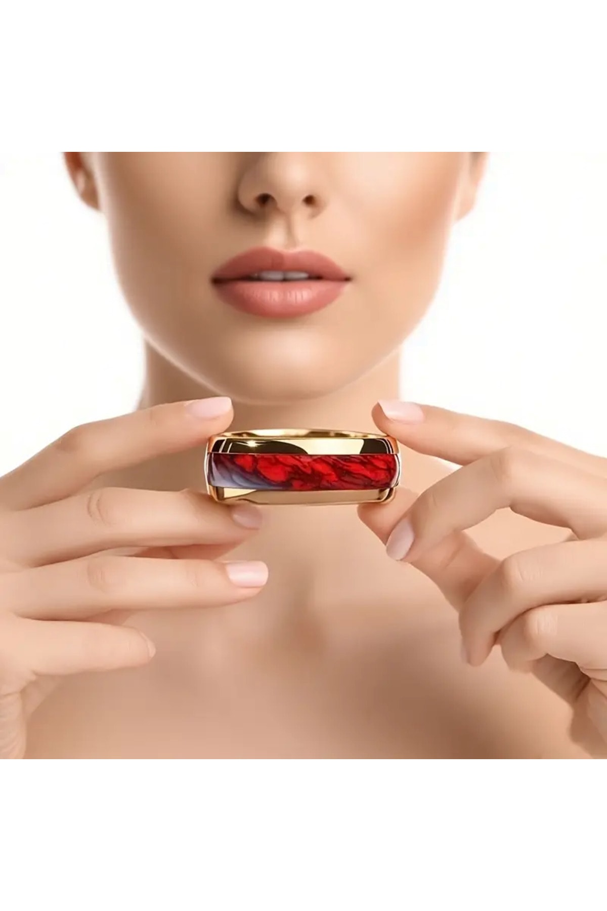 Unisex 8mm Titanyum 304 Paslanmaz Çelik Yüzük Kırmızı Tavuk Kanı Taşı