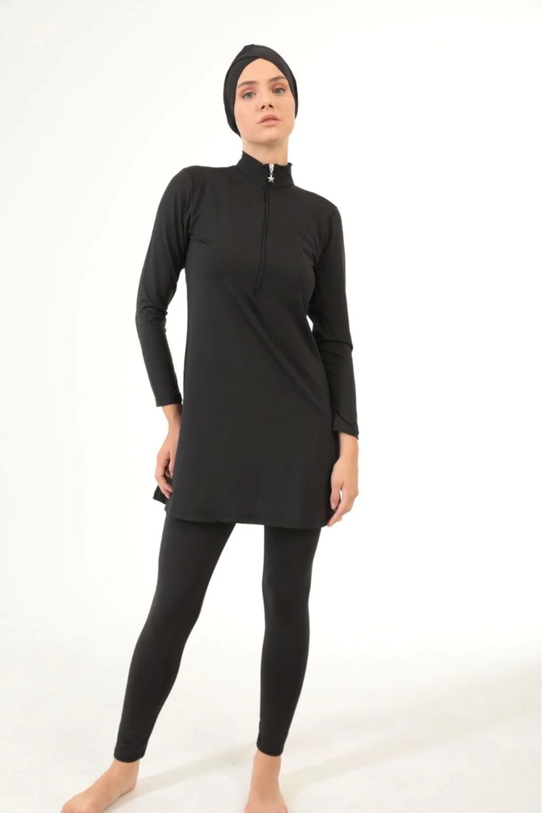 Fermuarlı Düz Likralı Tesettür Mayo