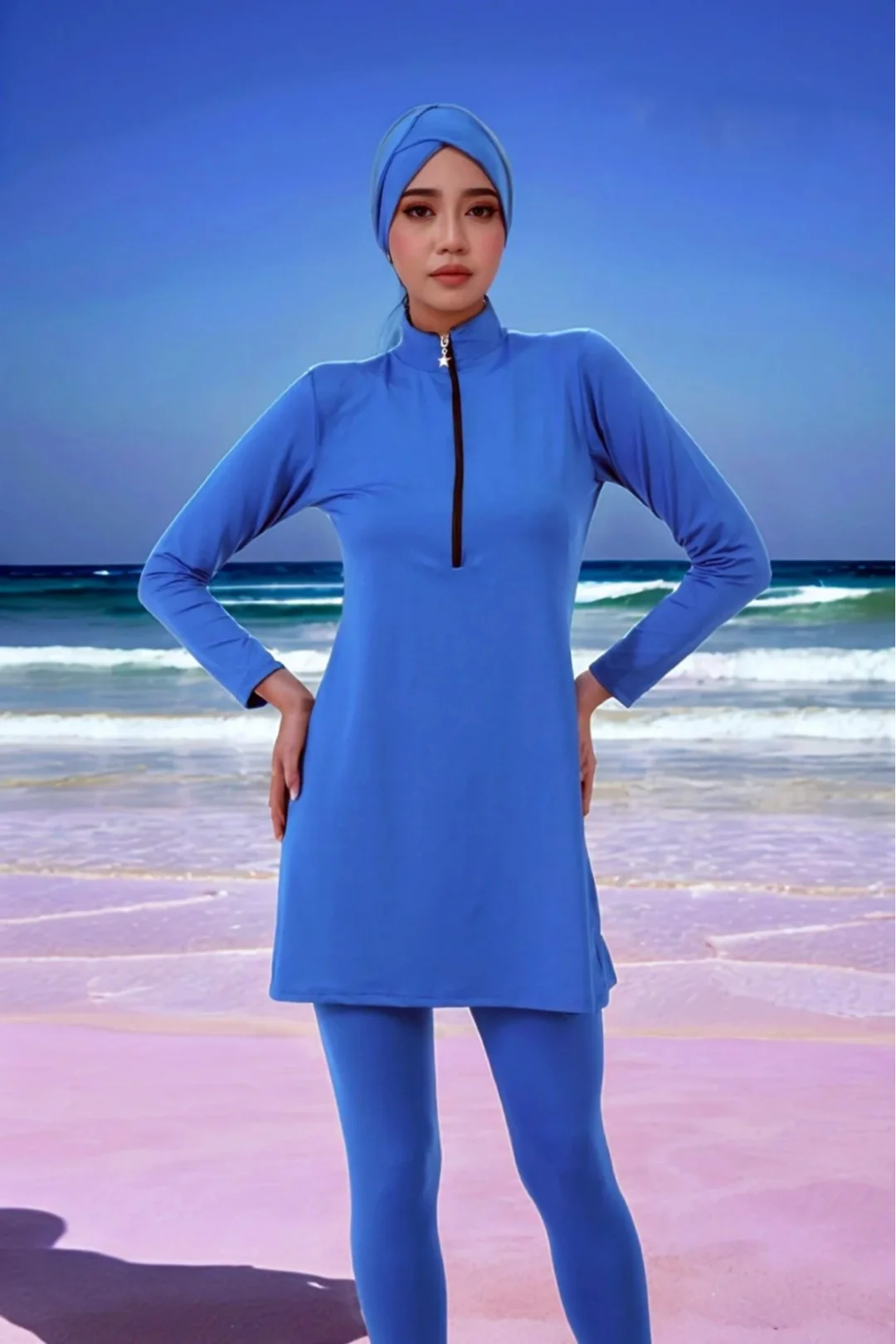 Fermuarlı Düz Likralı Tesettür Mayo