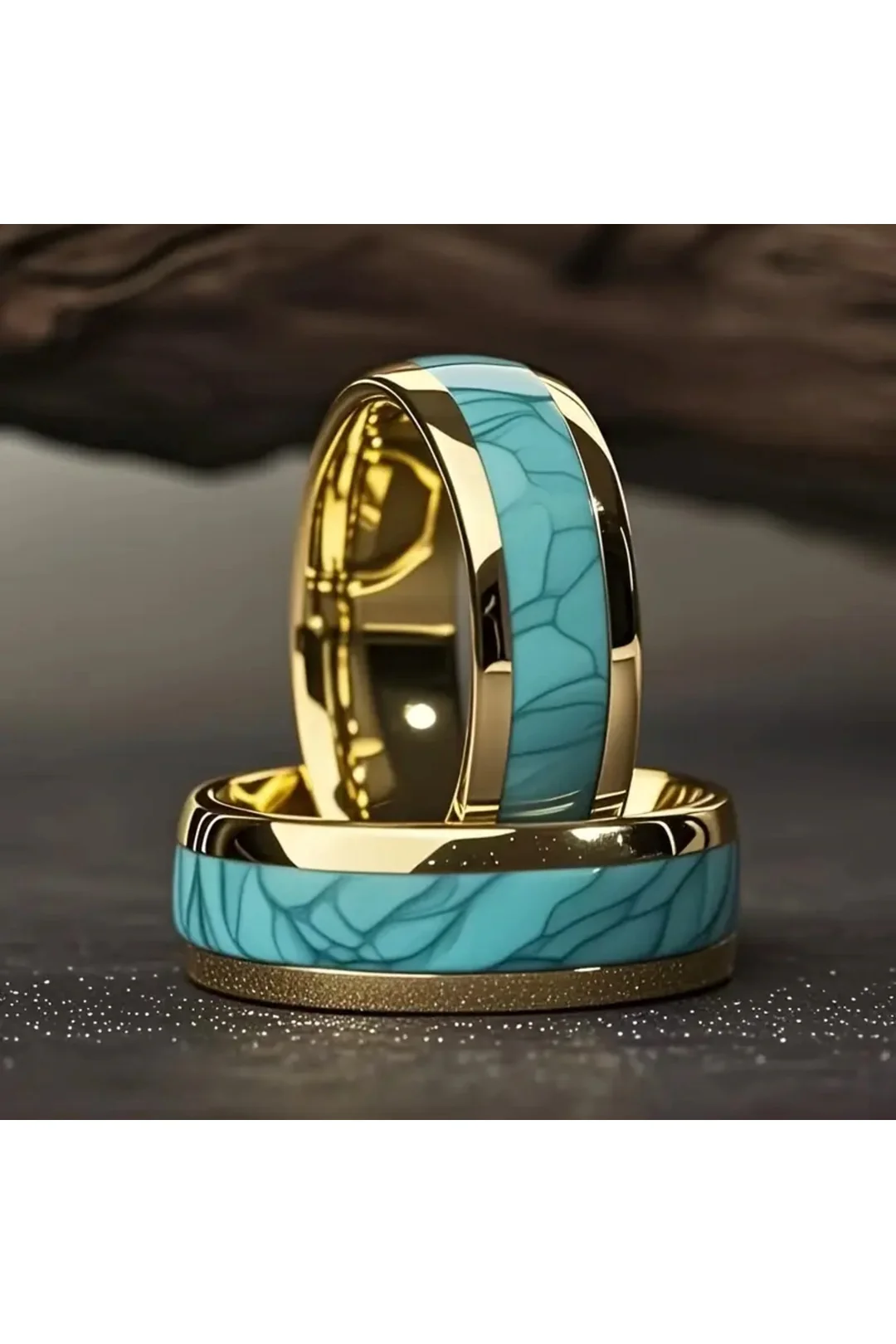 Unisex Erkek Modern Nişan Yüzüğü - Turkuaz Mavi & Altın Aksanlı Yüzük