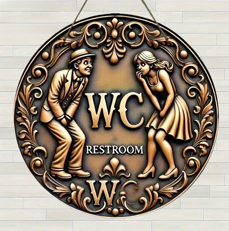 2D Vintage Yuvarlak Ahşap Tuvalet Işareti