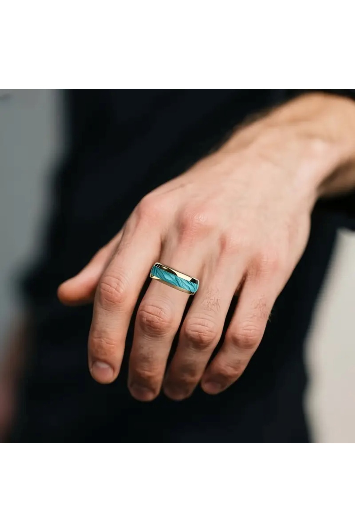 Unisex Erkek Modern Nişan Yüzüğü - Turkuaz Mavi & Altın Aksanlı Yüzük