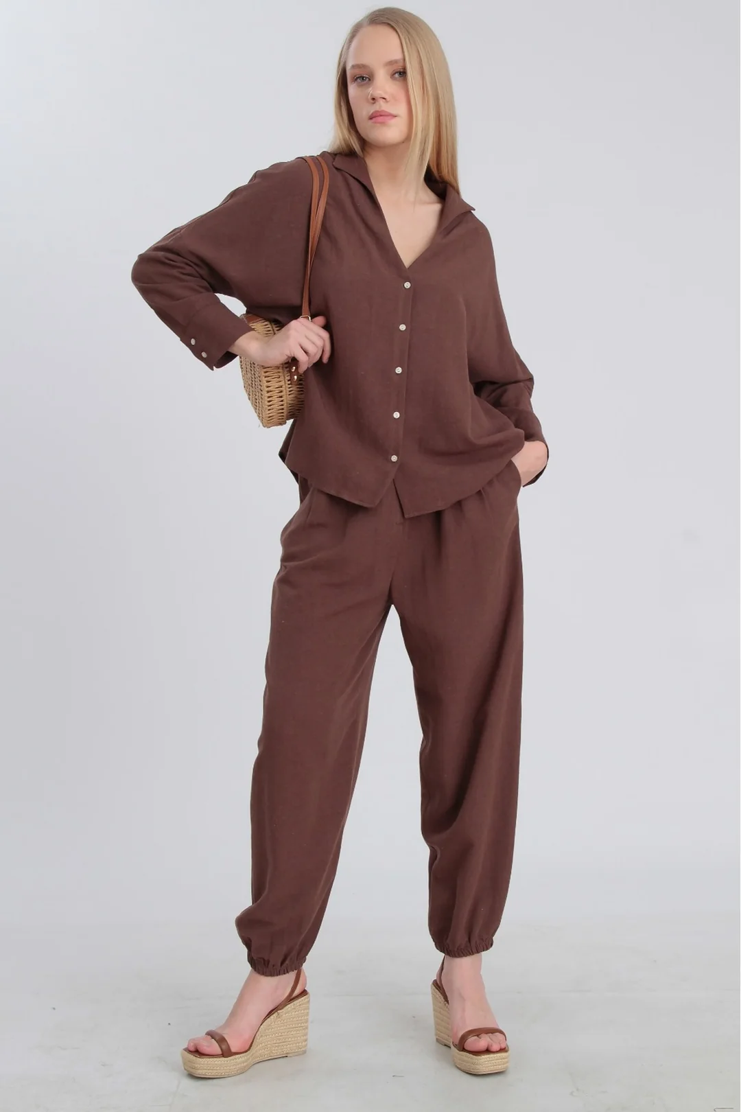 Kadın Keten Gömlek Pantolon Takım
