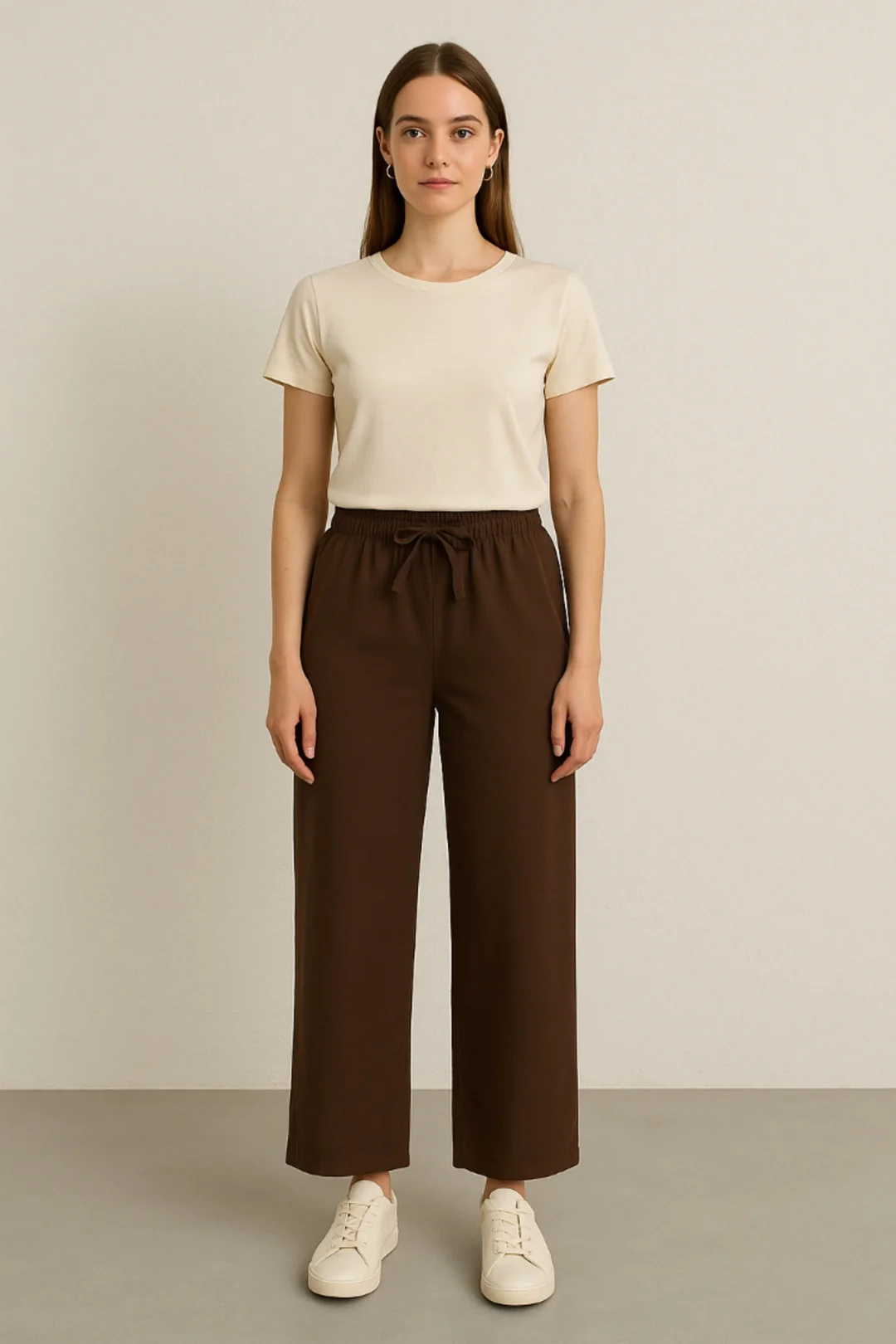Bağcık Detaylı Bol Paça Beli Lastikli Keten Pantolon -Kahve