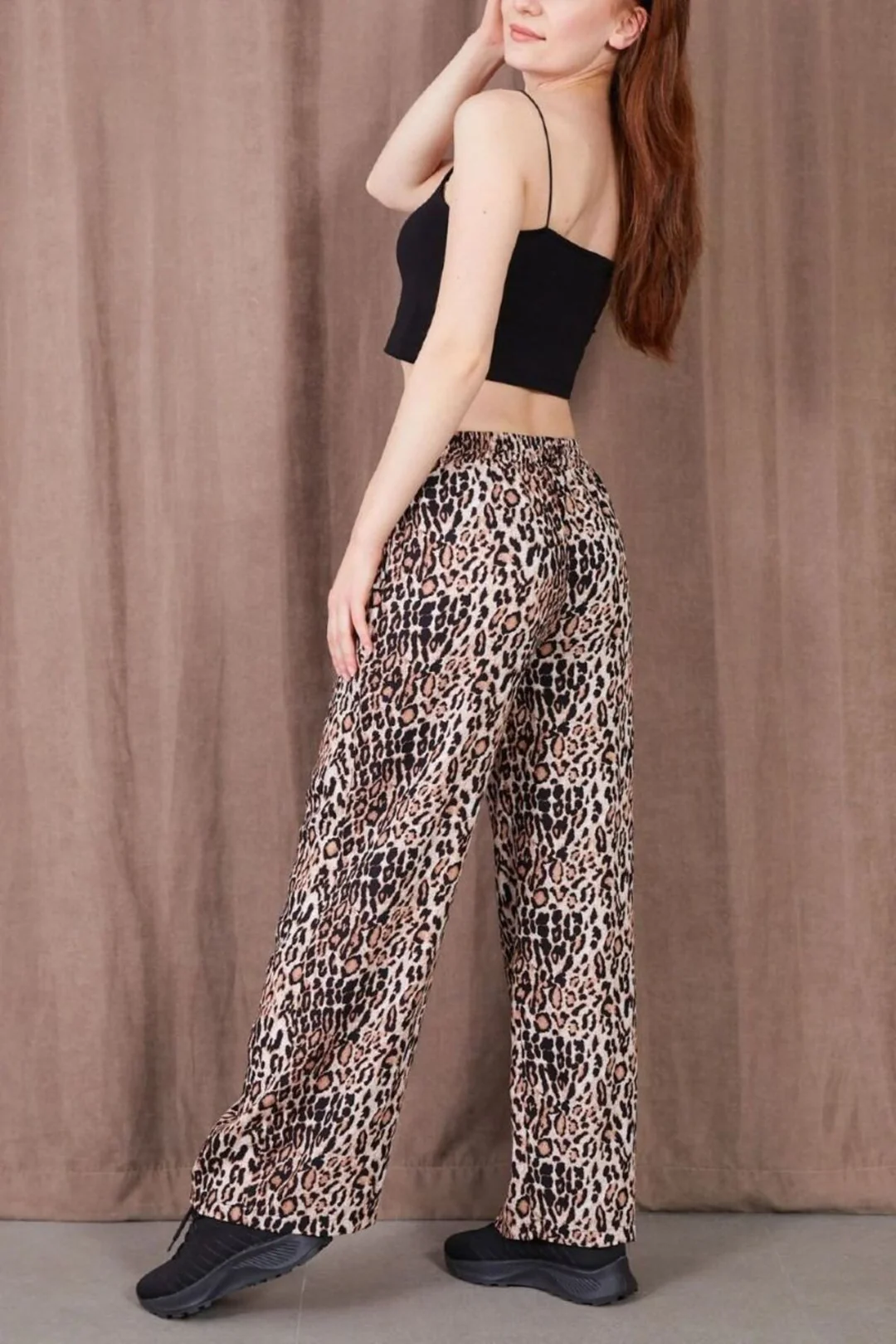 Desenli Beli Lastikli Rahat Kalıp Bol Paça Pantolon