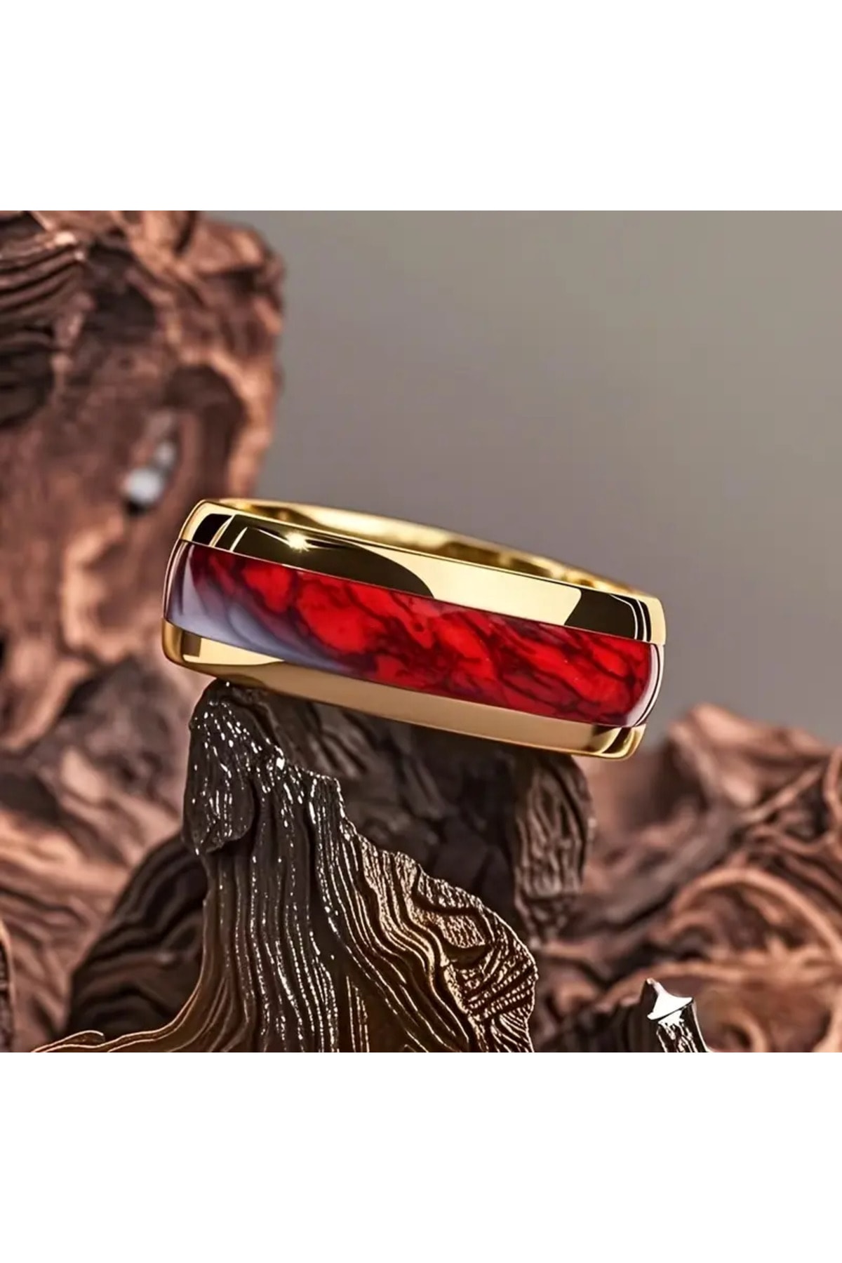 Unisex 8mm Titanyum 304 Paslanmaz Çelik Yüzük Kırmızı Tavuk Kanı Taşı