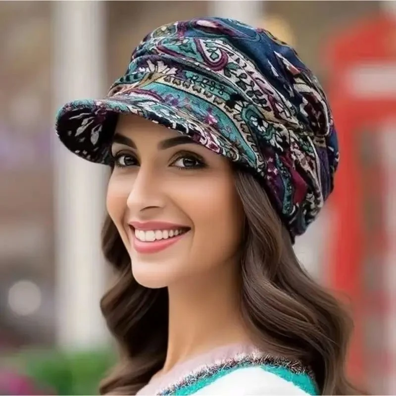 MORESUN Kadın Bohem Çiçekli Polar Astarlı Kışlık Şapka TURKUAZ