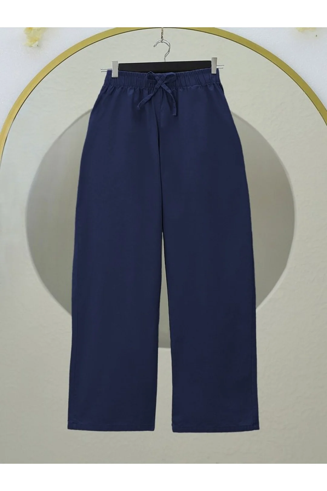 Bağcık Detaylı Bol Paça Beli Lastikli Keten Pantolon -K.Laci