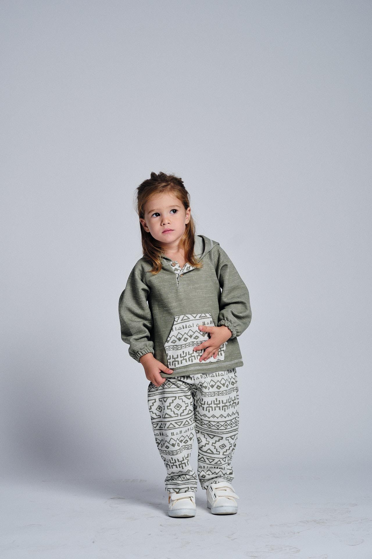 Unisex Etnik Desen Kanguru Cepli 2’li Takım - HAKİ