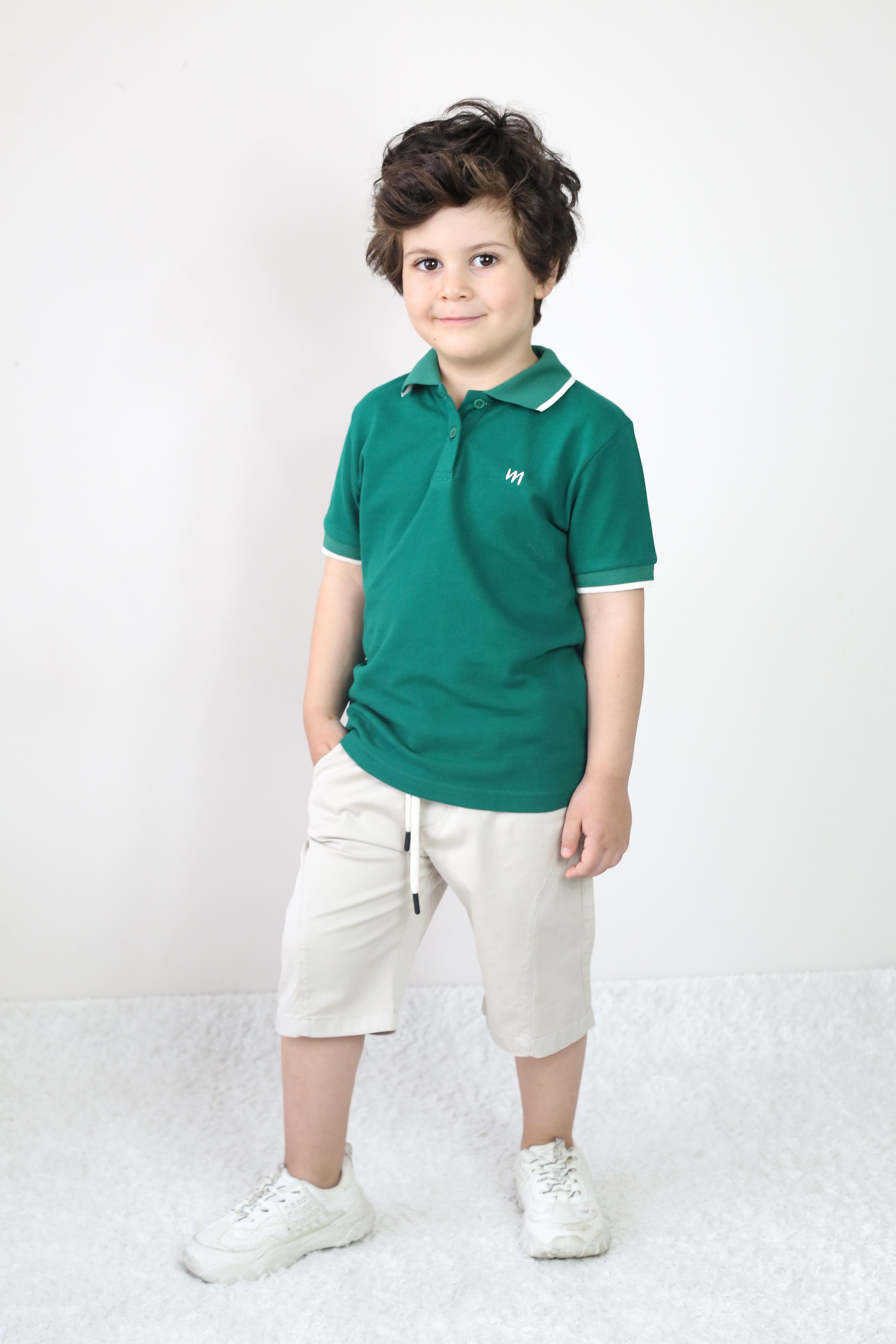 Erkek Çocuk Pike Tişört & Gabardin Şort Takım – 2-9 Yaş | Miababy - KOYU YEŞİL - TAŞ