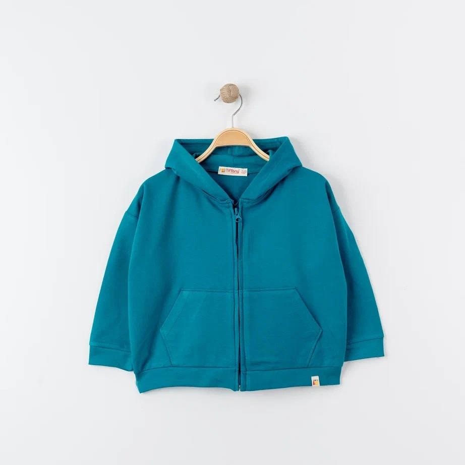 Unisex %100 Pamuk Oversize Kapüşonlu Fermuarlı Sweatshirt - TURKUAZ