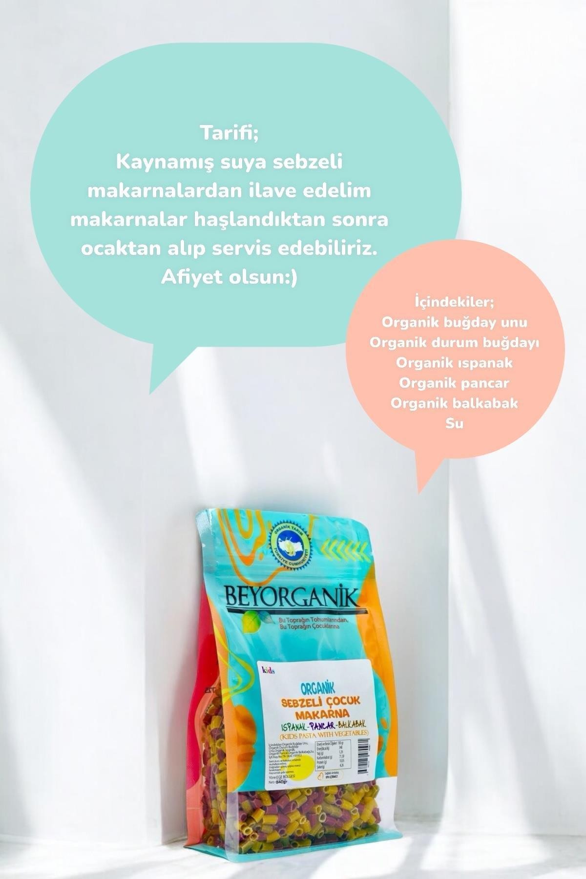 Organik Sebzeli Çocuk Makarna 240gr Ispanak Pancar Balkabak +8ay (Pestisit ve Aflatoksin Analizli)