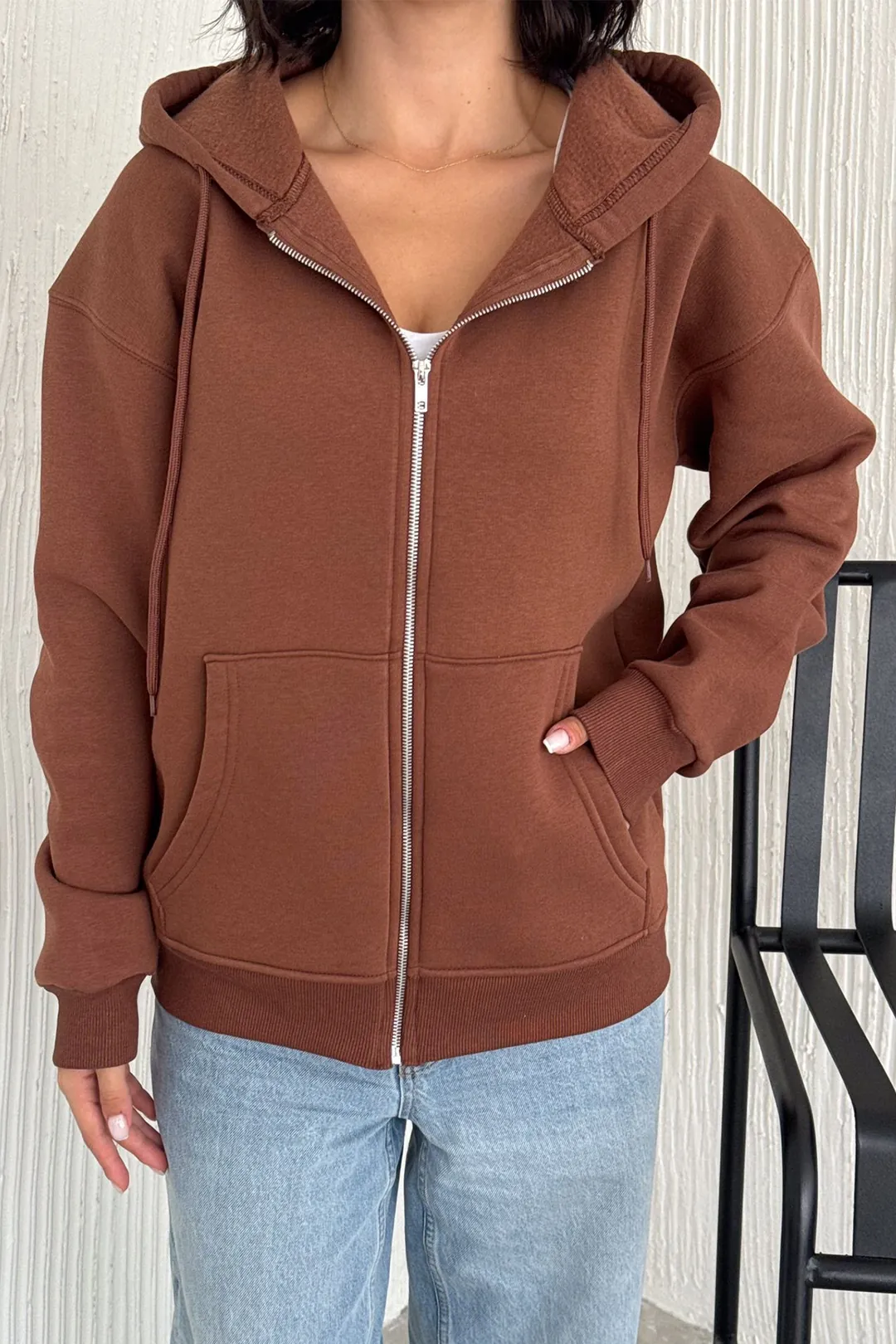 Unisex Fermuarlı Kapüşonlu Sweatshirt - kahverengi