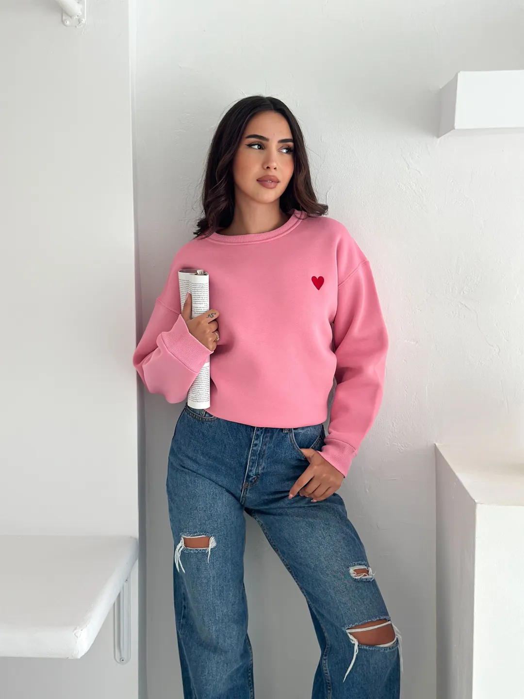 Kalp Nakışlı Sweatshirt  - pembe