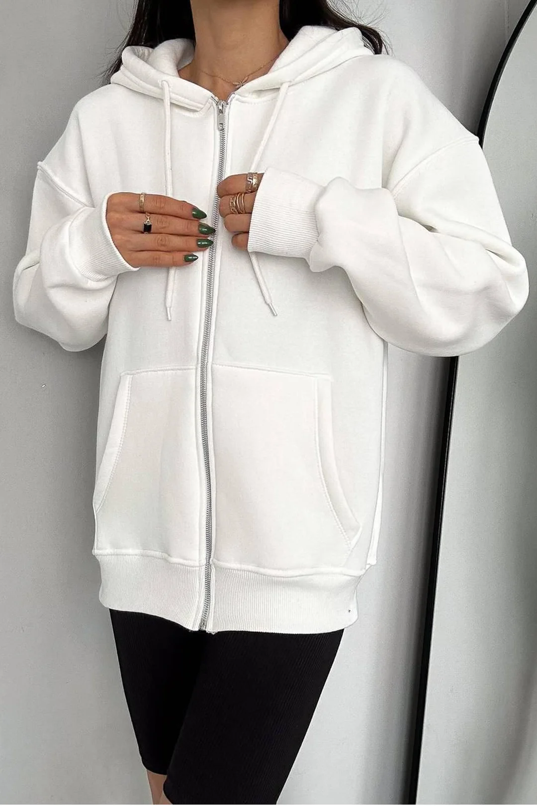 Unisex Fermuarlı Kapüşonlu Sweatshirt - beyaz