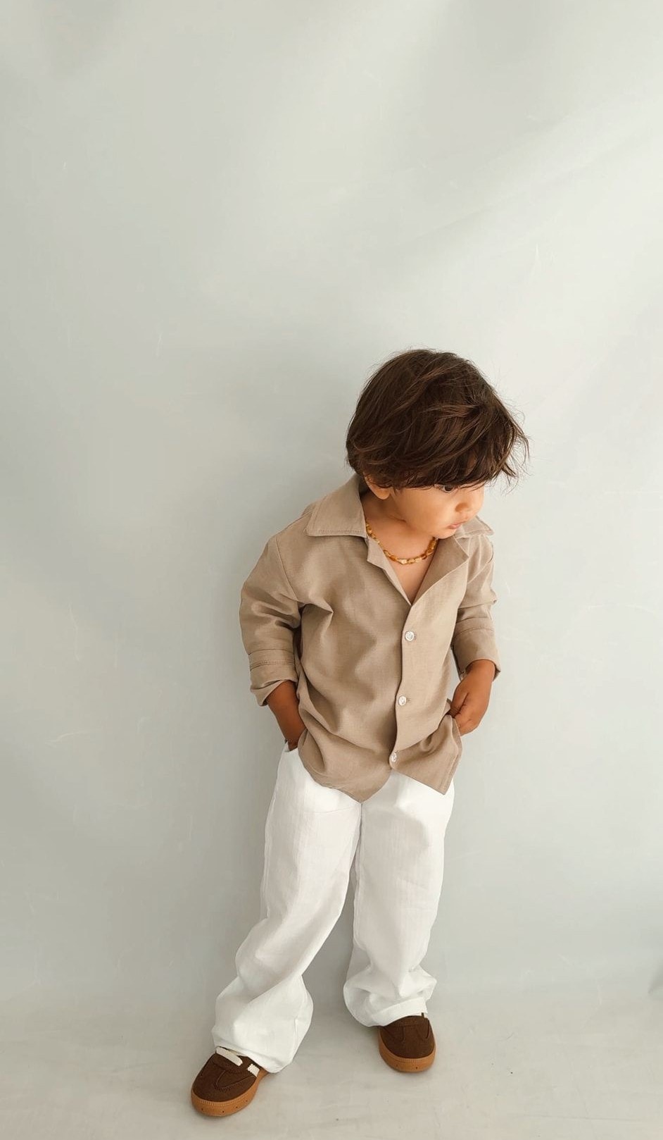 Kahve Keten Gömlek Pantolon Çocuk Takımı