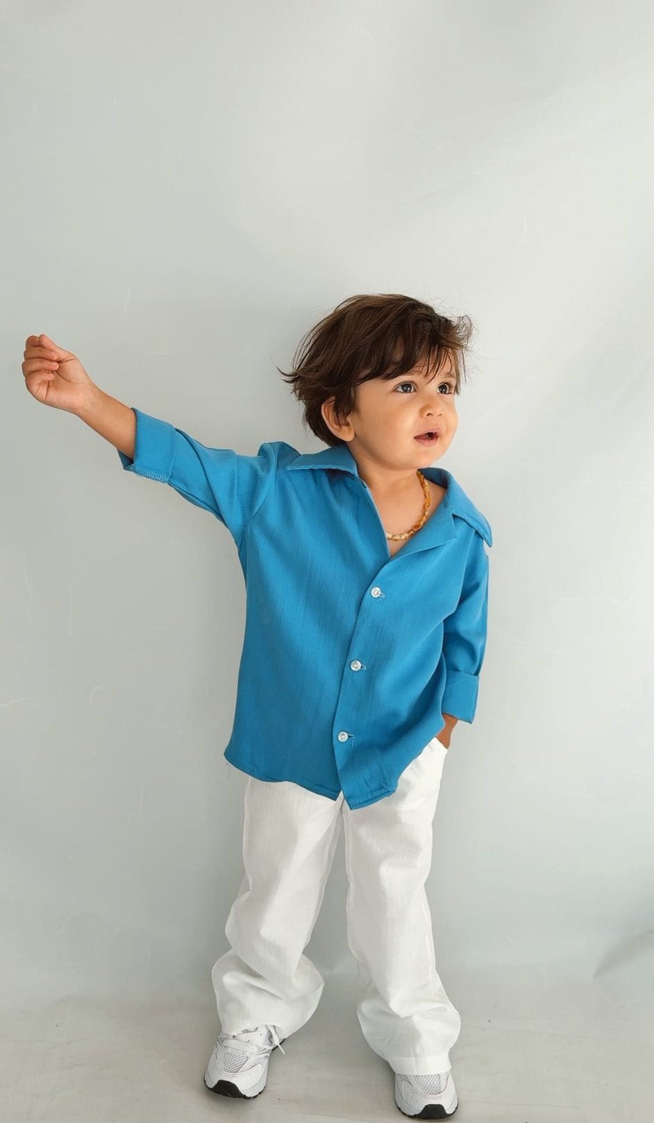 Mavi Keten Gömlek Pantolon Çocuk Takımı