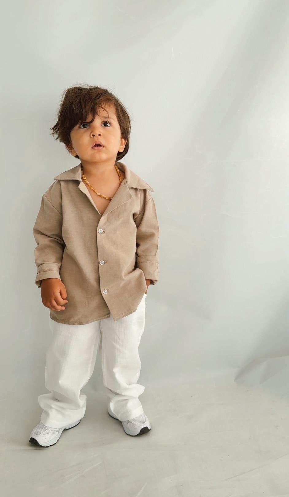 Kahve Keten Gömlek Pantolon Çocuk Takımı