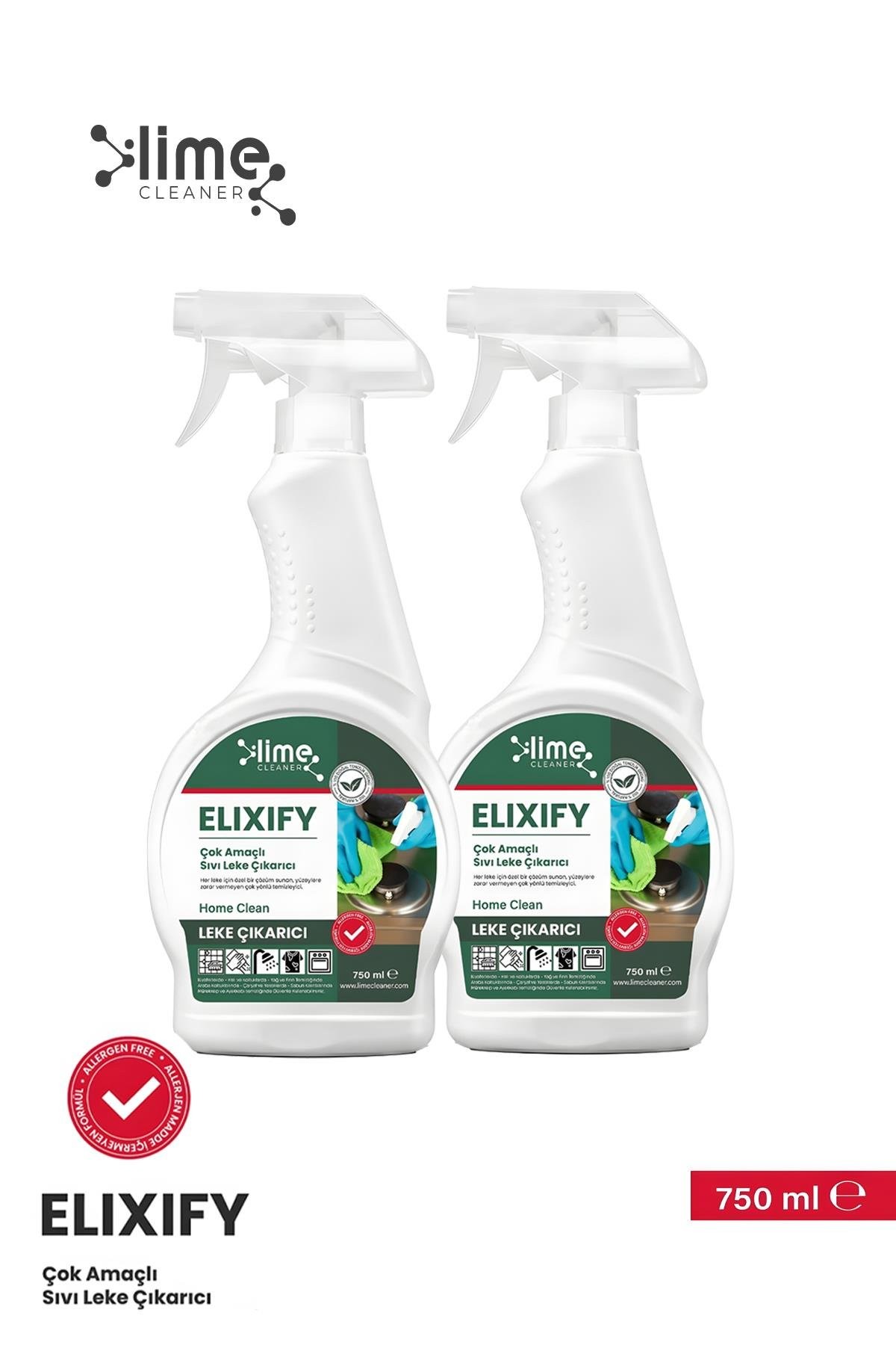 Lime Cleaner Elixify Çok Amaçlı Ultra Güçlü Sıvı Leke Çıkarıcı 750ml x 2 Adet | Allerjen İçermez