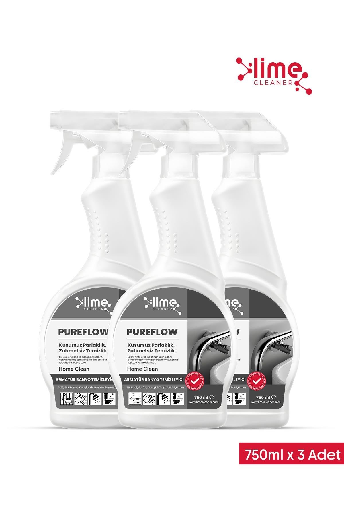 PureFlow Armatür Banyo Temizleyici Kireç ve Leke Sökücü -  Kirece ve Lekelere Karşı Etkili Çözüm! 750 ml x 3 Adet